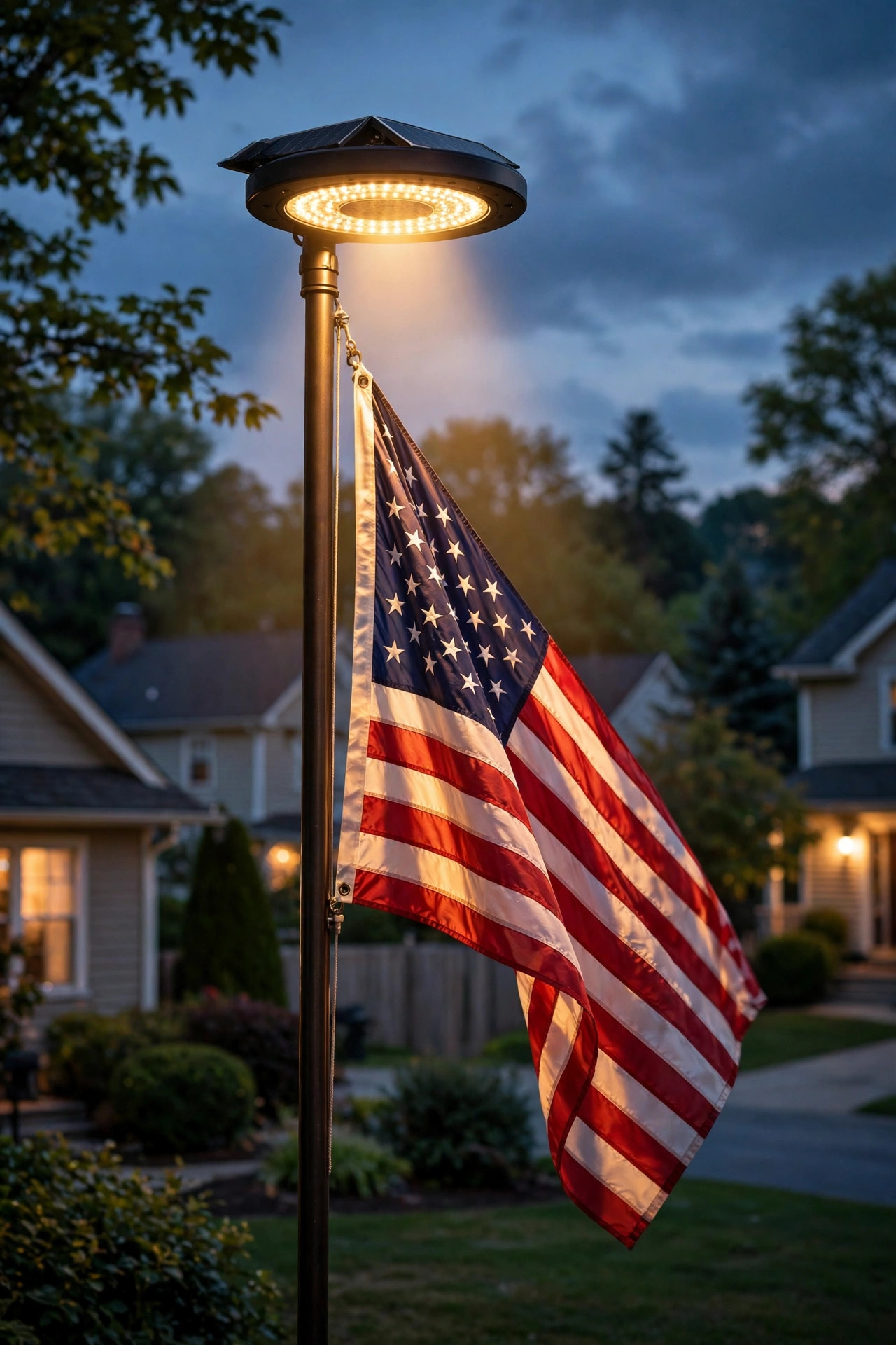 Solar disk light mounted at the top of a flagpole shining warm light downward over an American flag at dusk