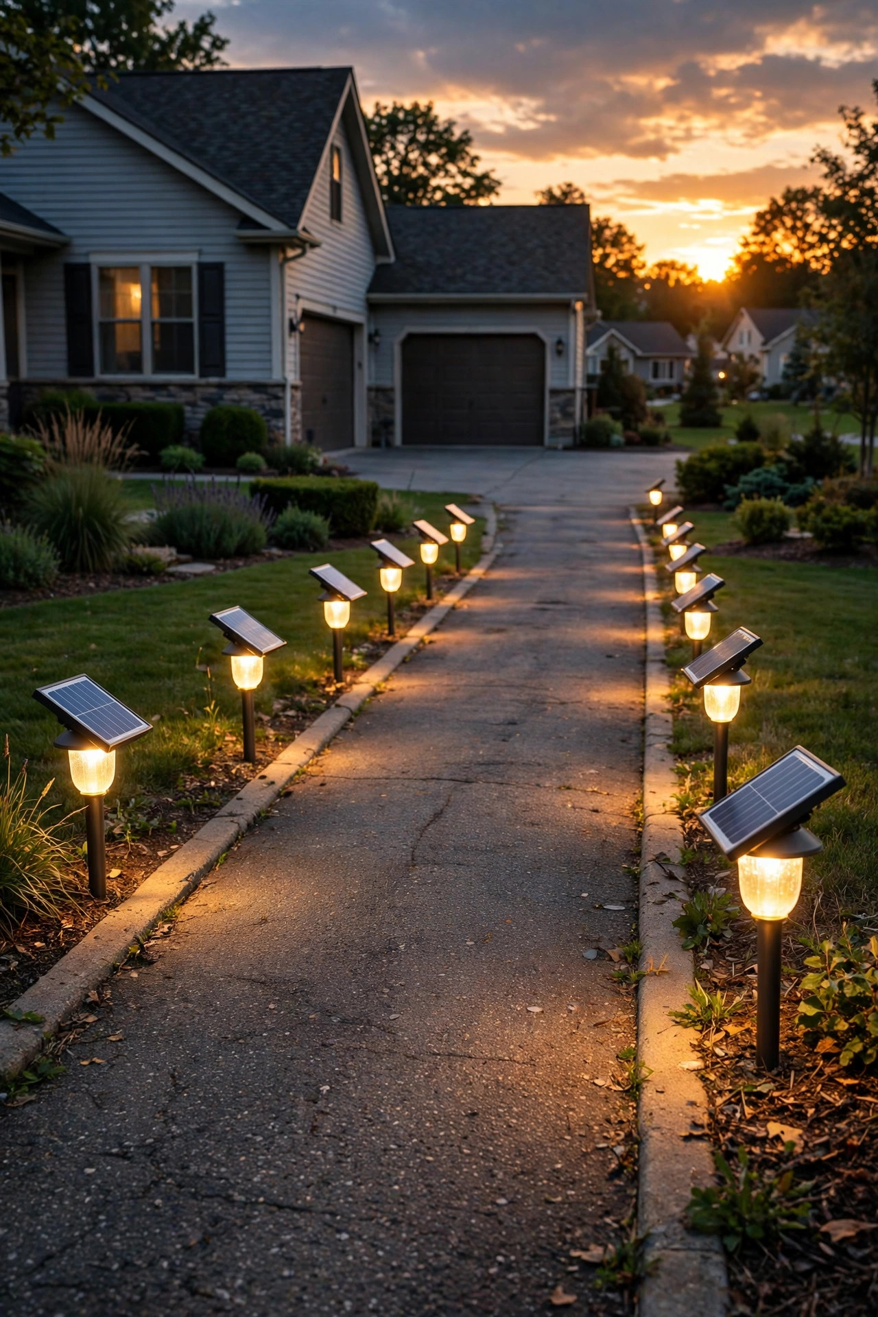 Solar stake lights glowing warmly along a short suburban driveway at dusk, panels tilted toward the last sunlight
