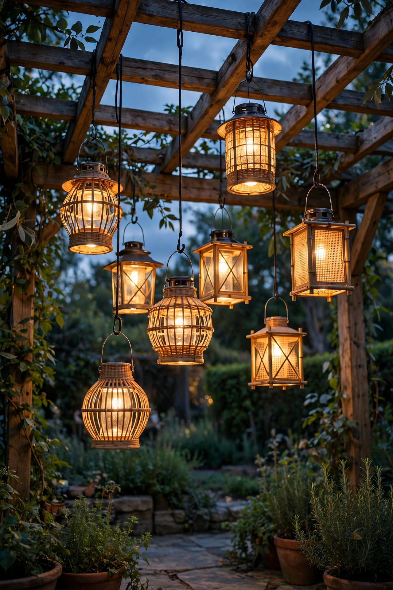 Cluster of solar lanterns hanging at staggered heights from pergola beams glowing warm at dusk