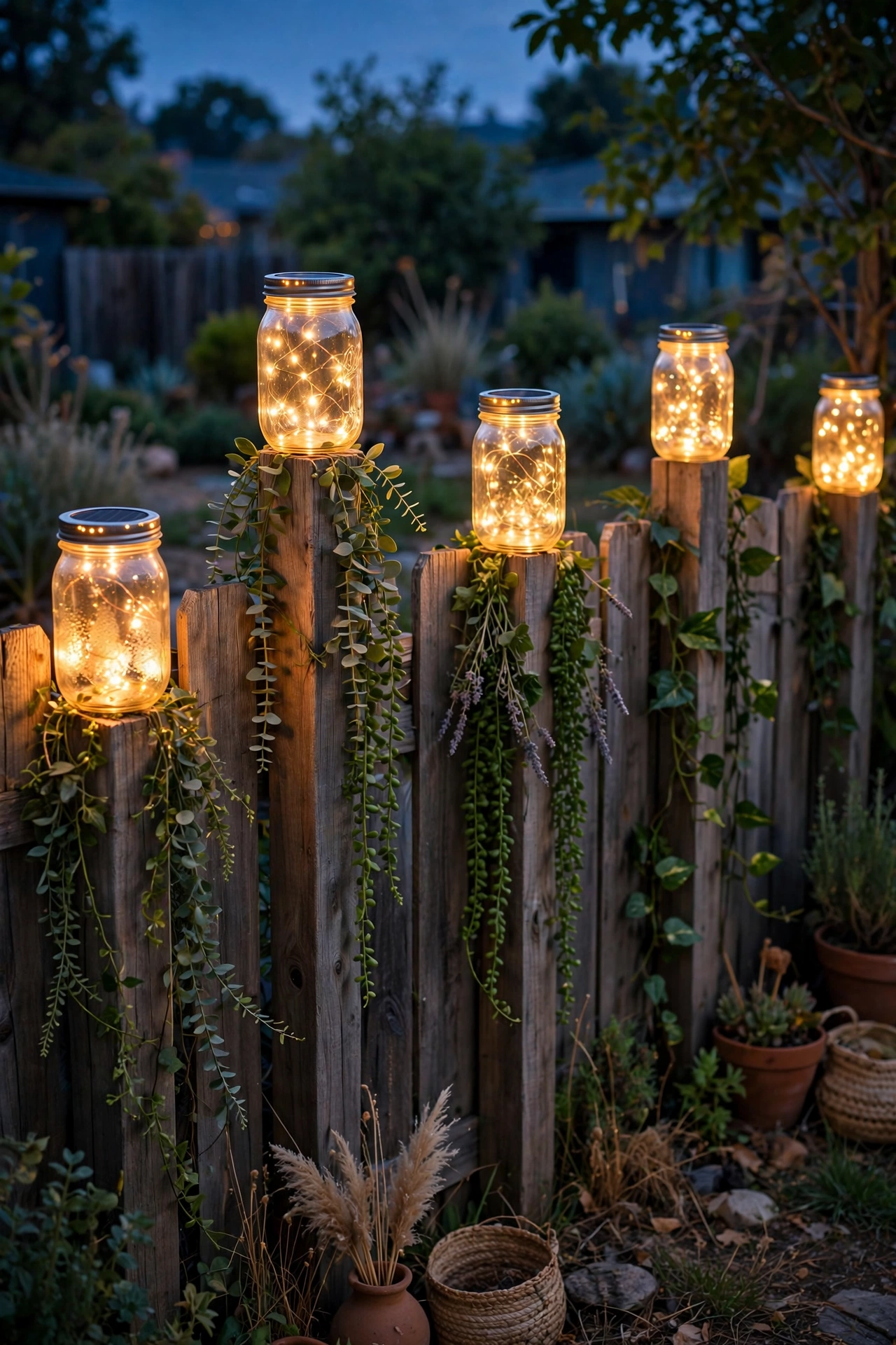 Solar mason jar lights glowing softly on wooden fence posts at twilight