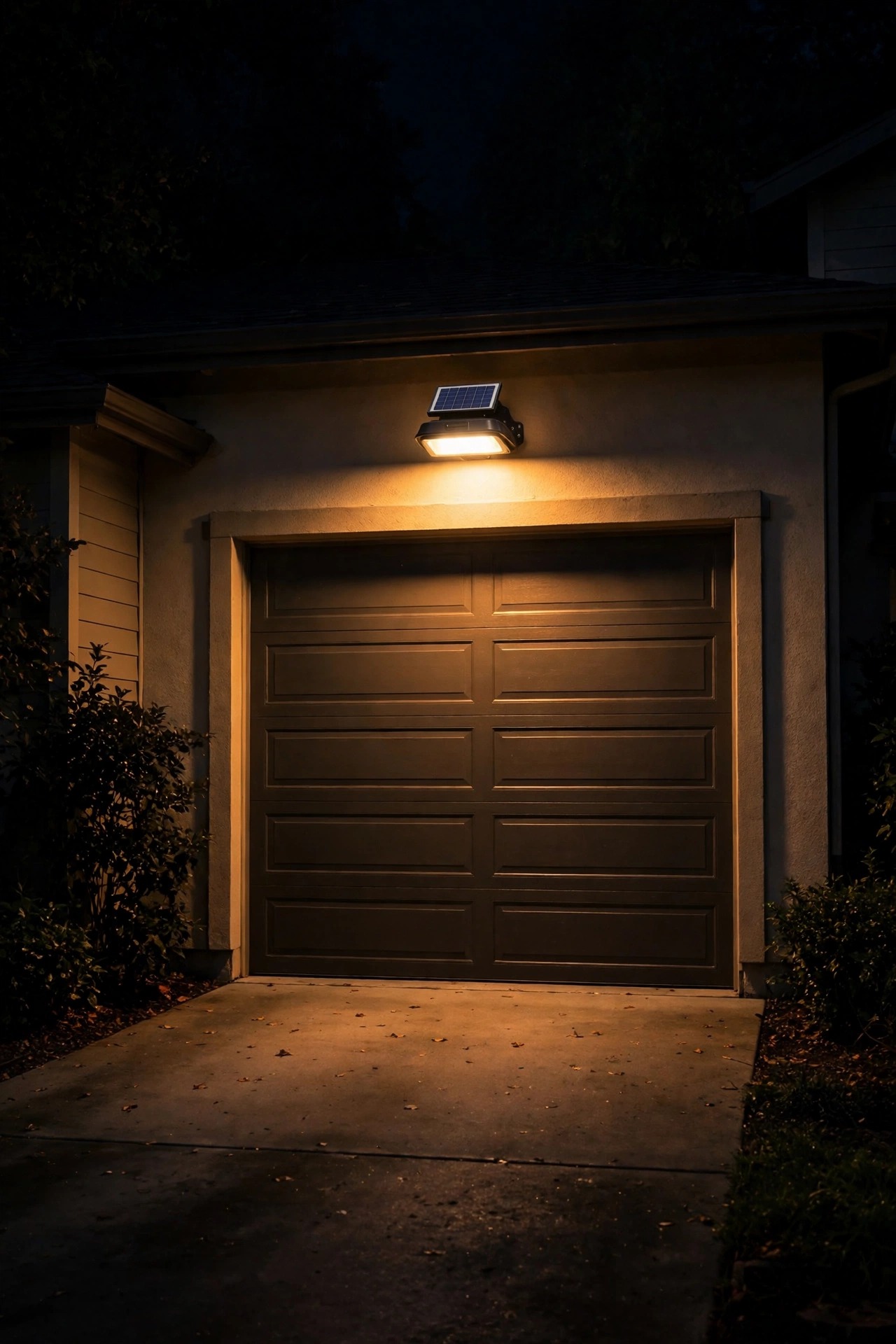 Solar motion-sensor floodlight glowing above a garage door and driveway at night