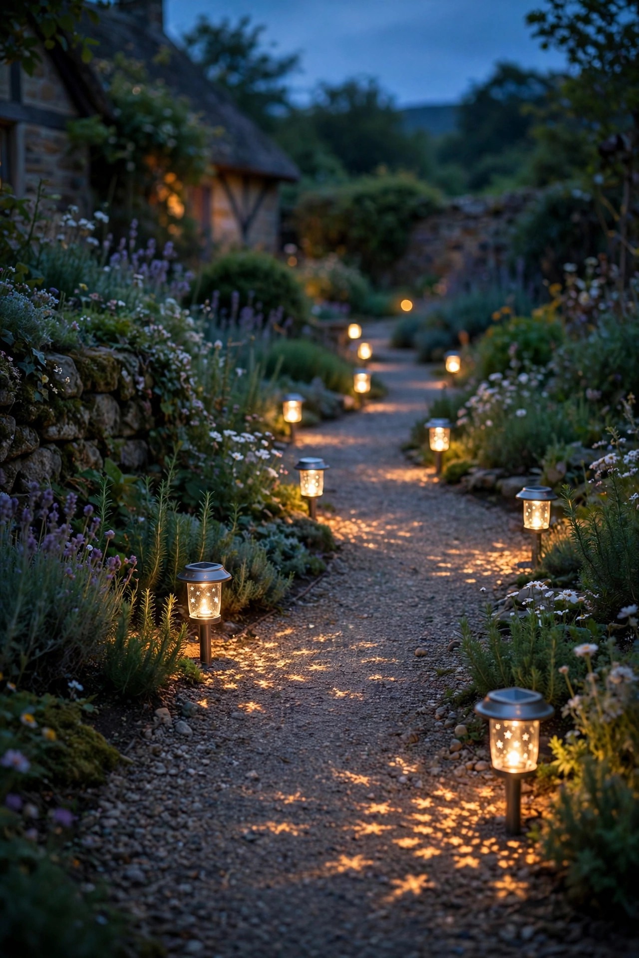 Small solar lanterns staggered along a winding gravel cottage garden path at dusk casting star patterns