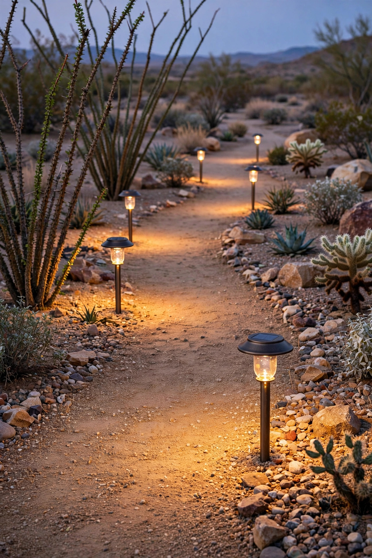 Metal solar path lights staggered along a decomposed granite path in a desert garden with ocotillo and gravel beds