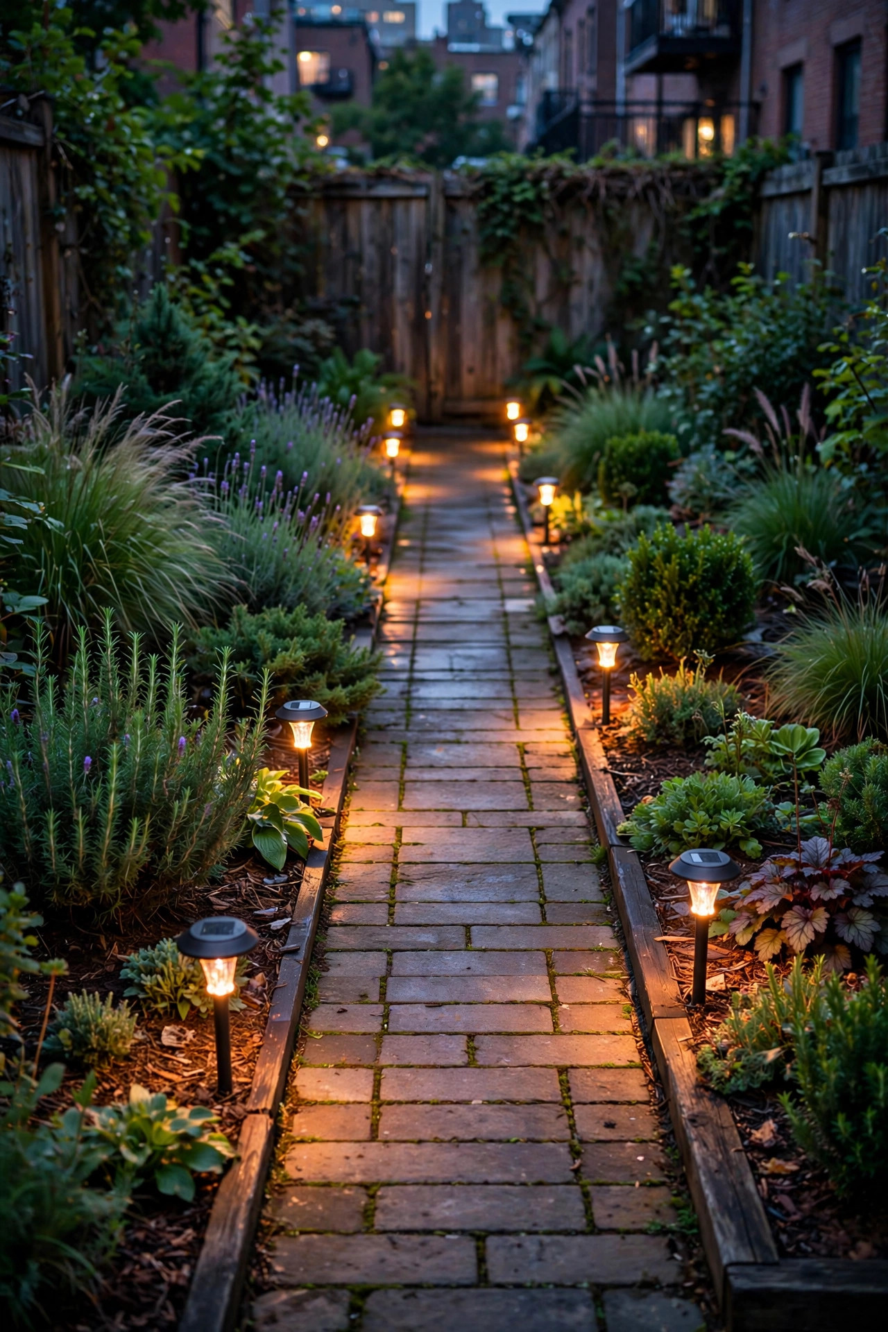 Photorealistic dusk view of solar path stake lights glowing in a gentle rhythm along a curved front walkway, deep blue twilight over a cozy suburban garden