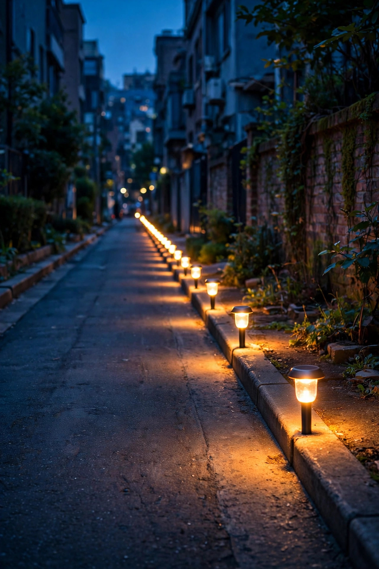 Row of warm solar path marker lights lining the edge of a narrow urban drive lane at dusk