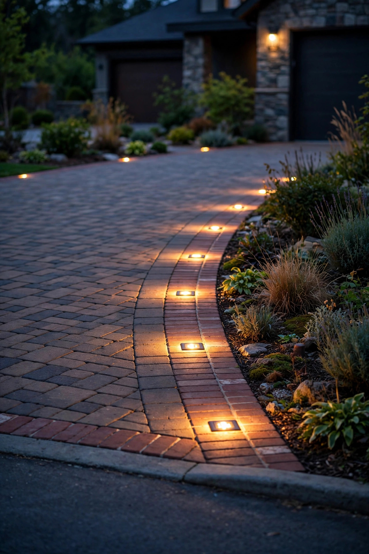 Solar paver lights glowing along the brick border edge of a paver driveway apron in the evening