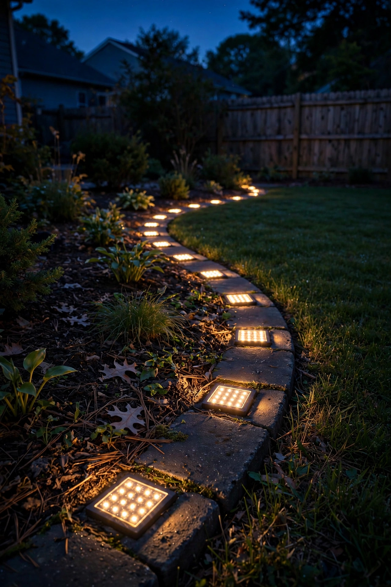 Solar paver marker lights glowing along a garden bed edge at night