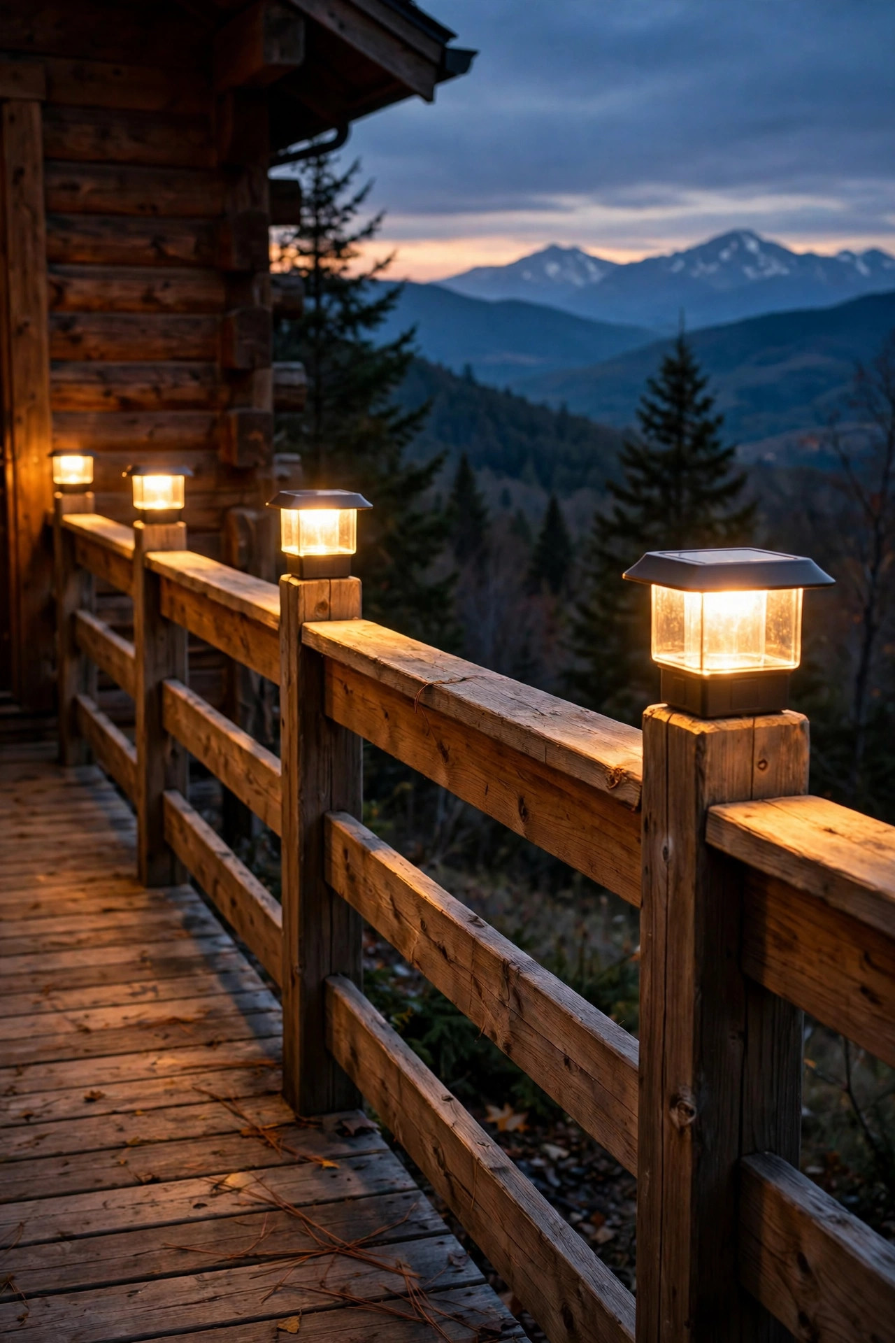 Solar post cap lights glowing on a wooden cabin deck railing with mountain dusk behind
