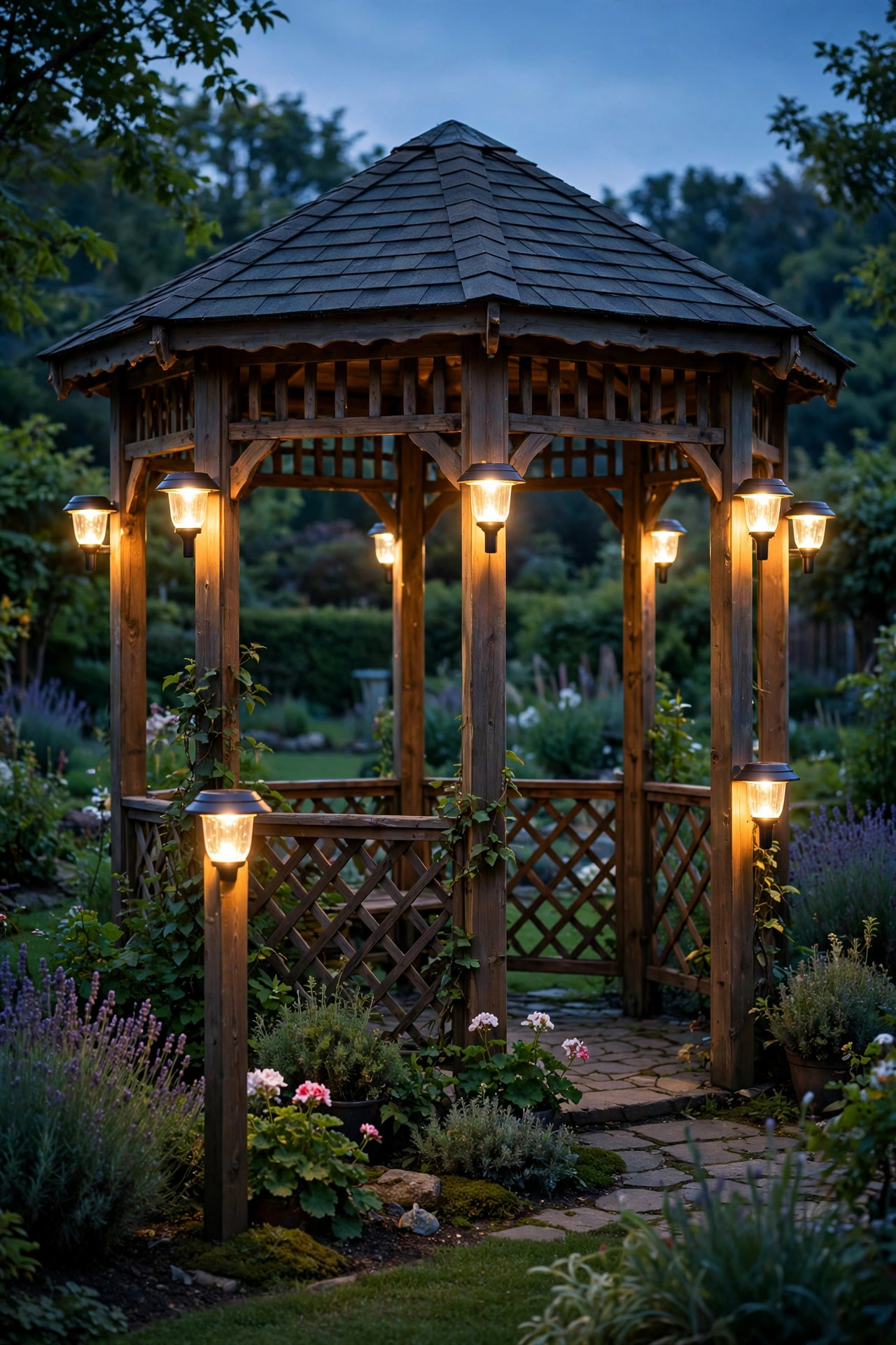 Solar post cap lights glowing warmly on every post of a garden gazebo in the evening