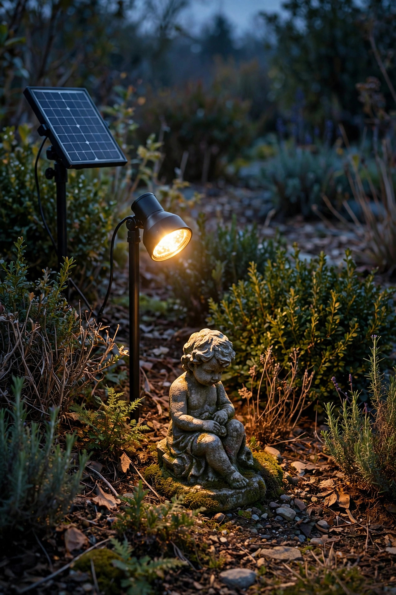 Solar spotlight stake with separate panel lighting a small stone statue among shrubs at dusk