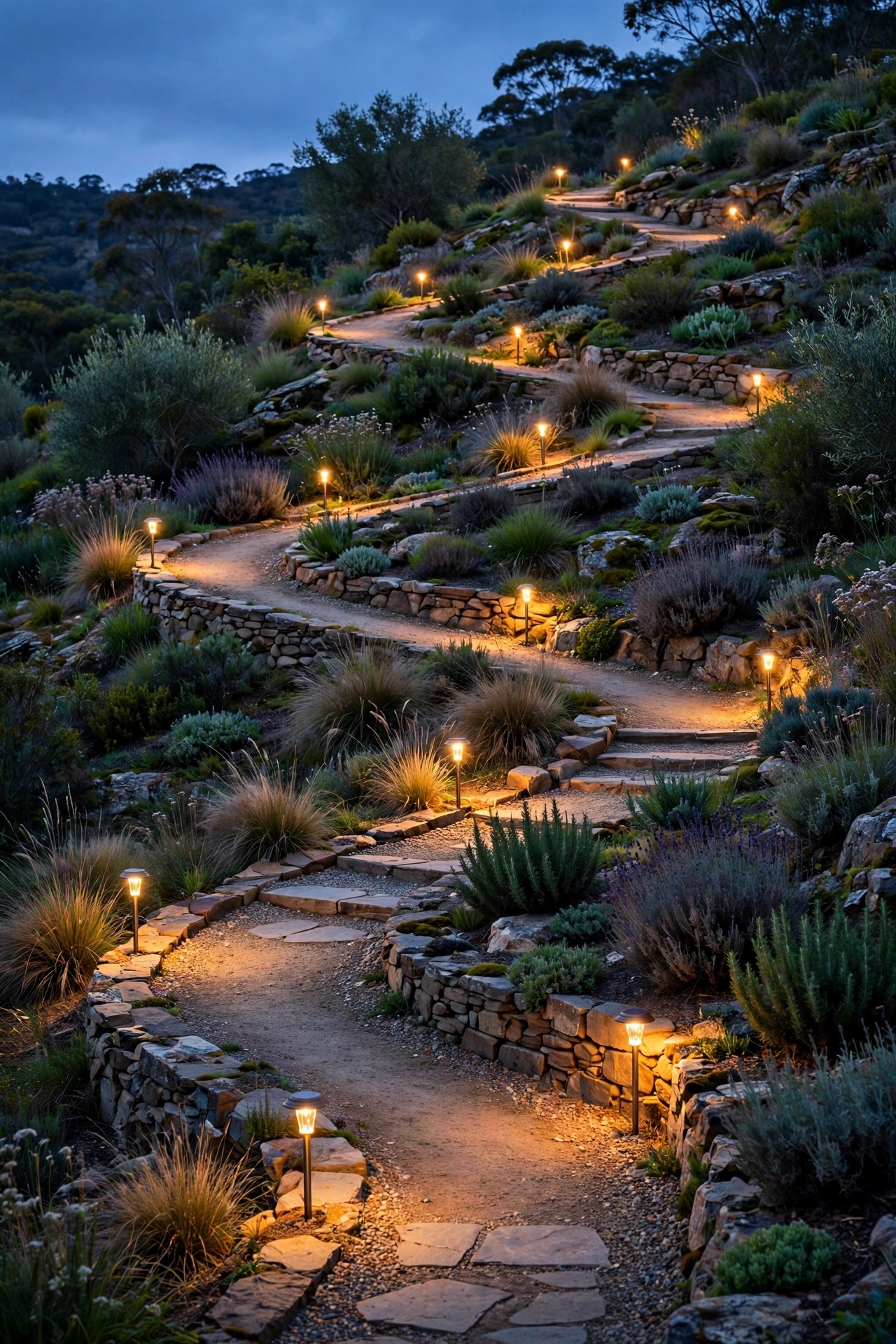 Switchback garden path on a slope marked with warm solar stake lights at twilight