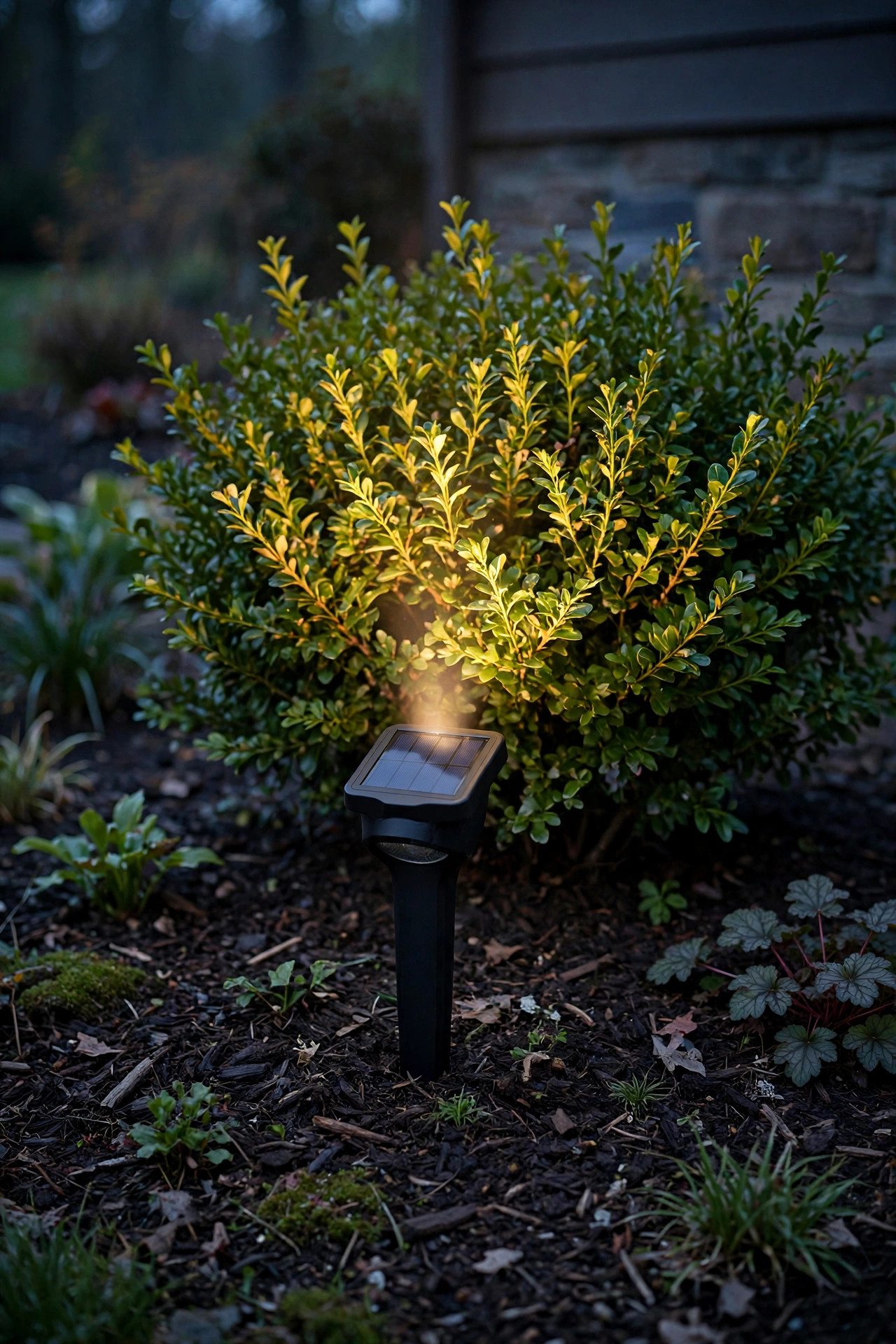Solar stake spotlight with small panel glowing up into a foundation shrub, no wires, in a mulched front garden bed at dusk