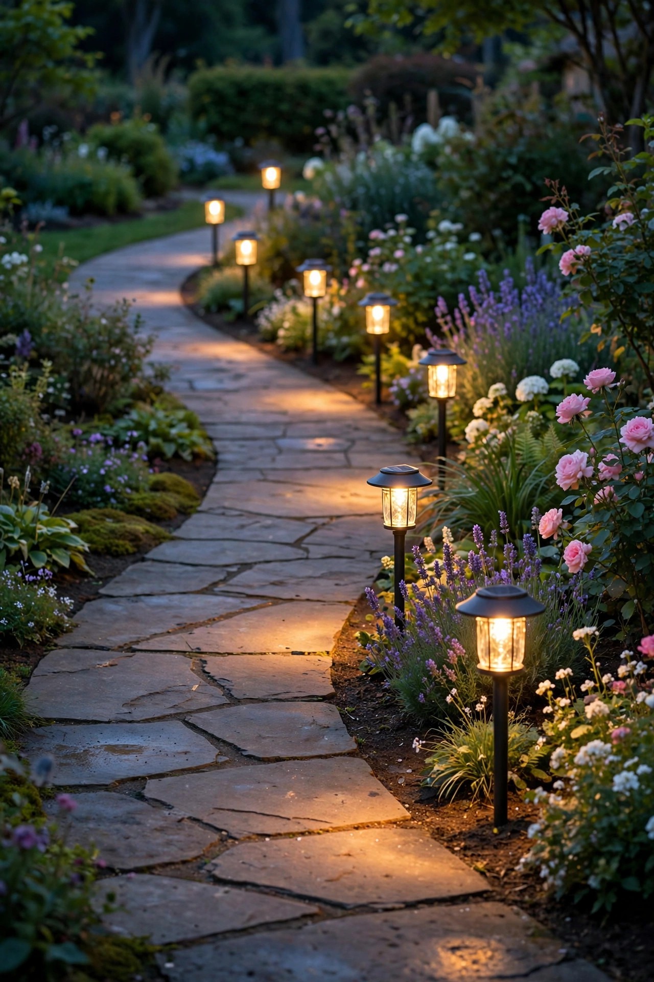 Row of solar stake lanterns glowing warmly along a curved garden path at dusk, evenly spaced light pools on the walkway beside flowering beds