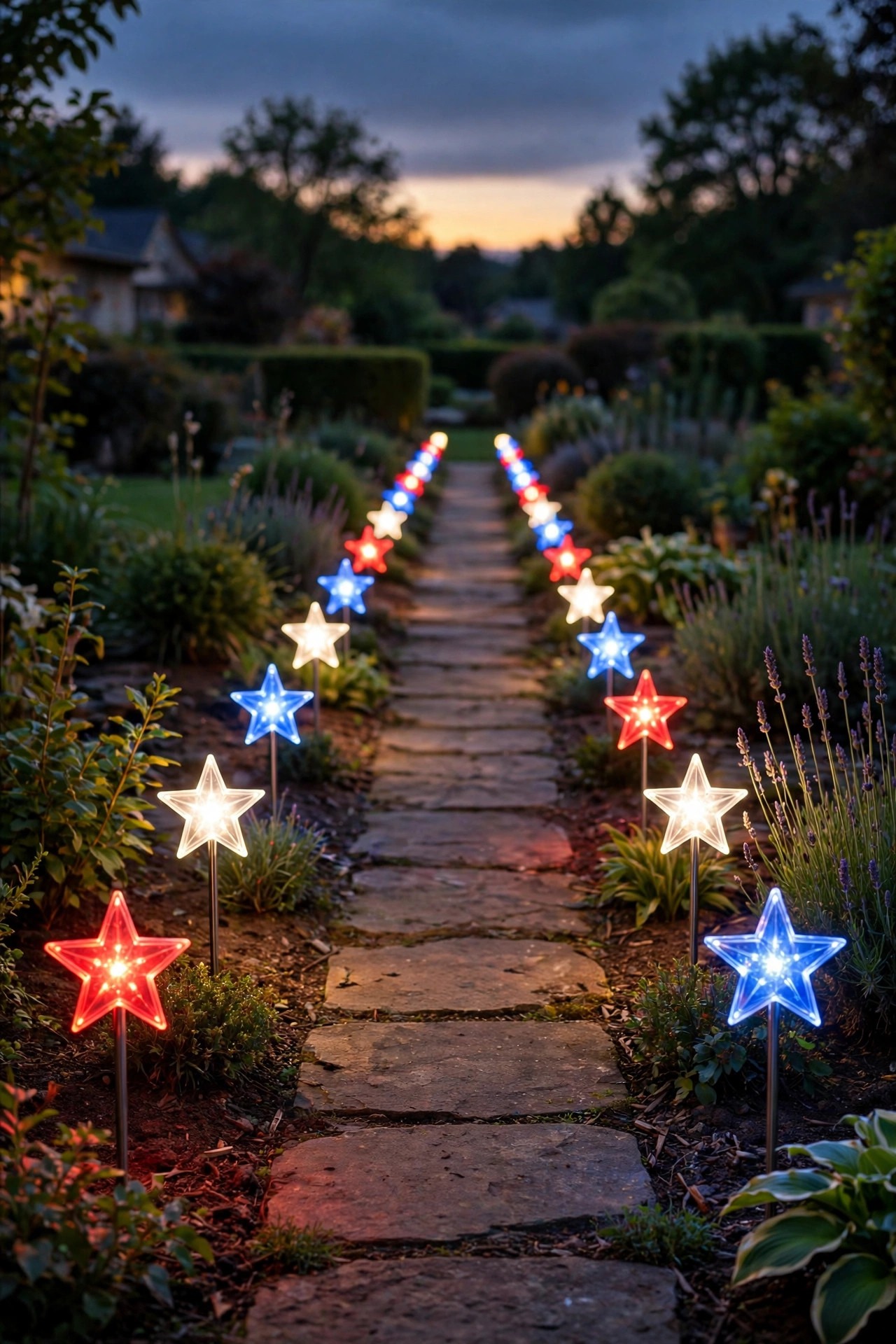 Solar star-shaped stake lights in red white and blue lining a walkway at dusk