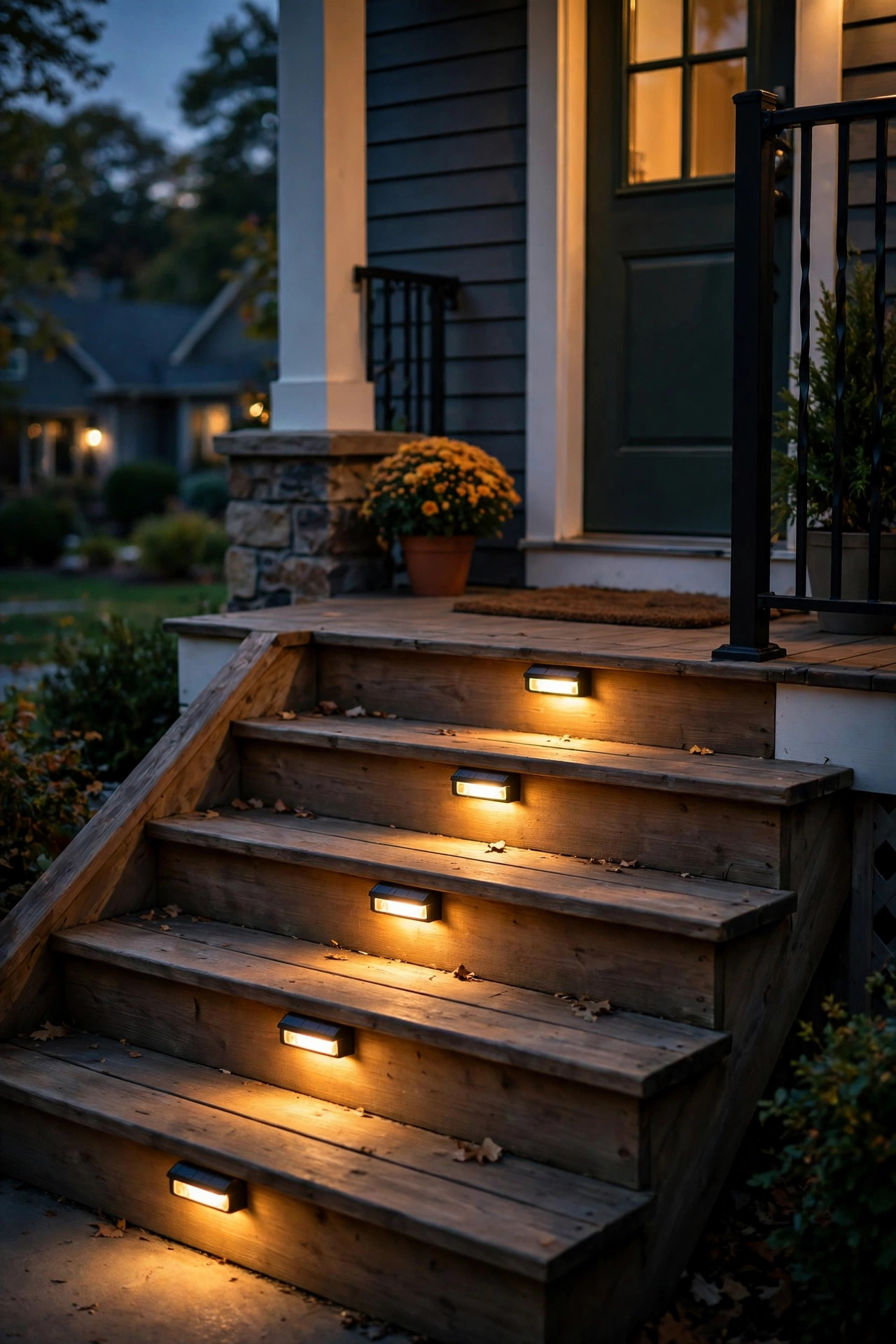 Warm solar step lights mounted on the riser of a single wooden deck step glowing at night