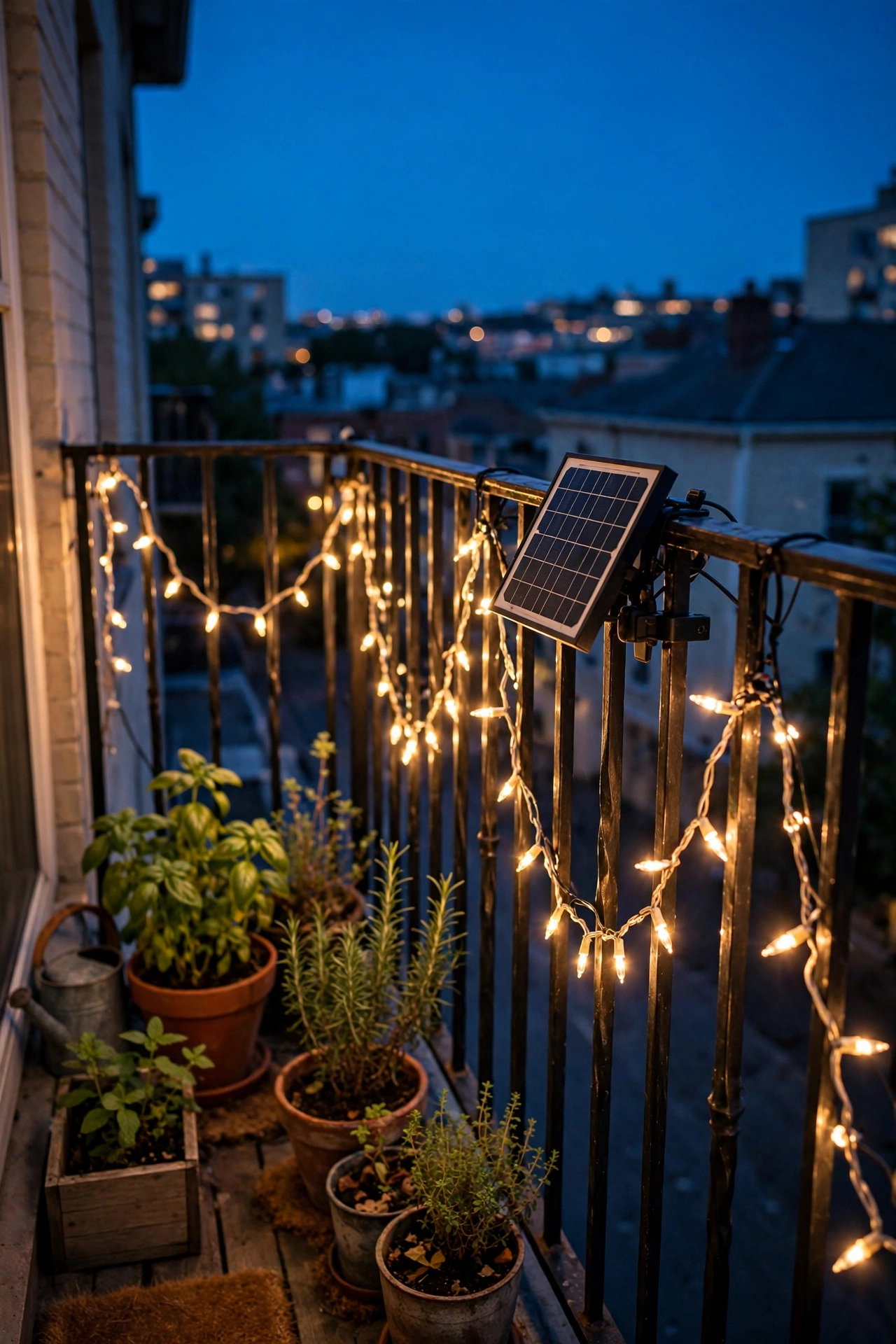 Solar powered string lights glowing on a balcony railing at night