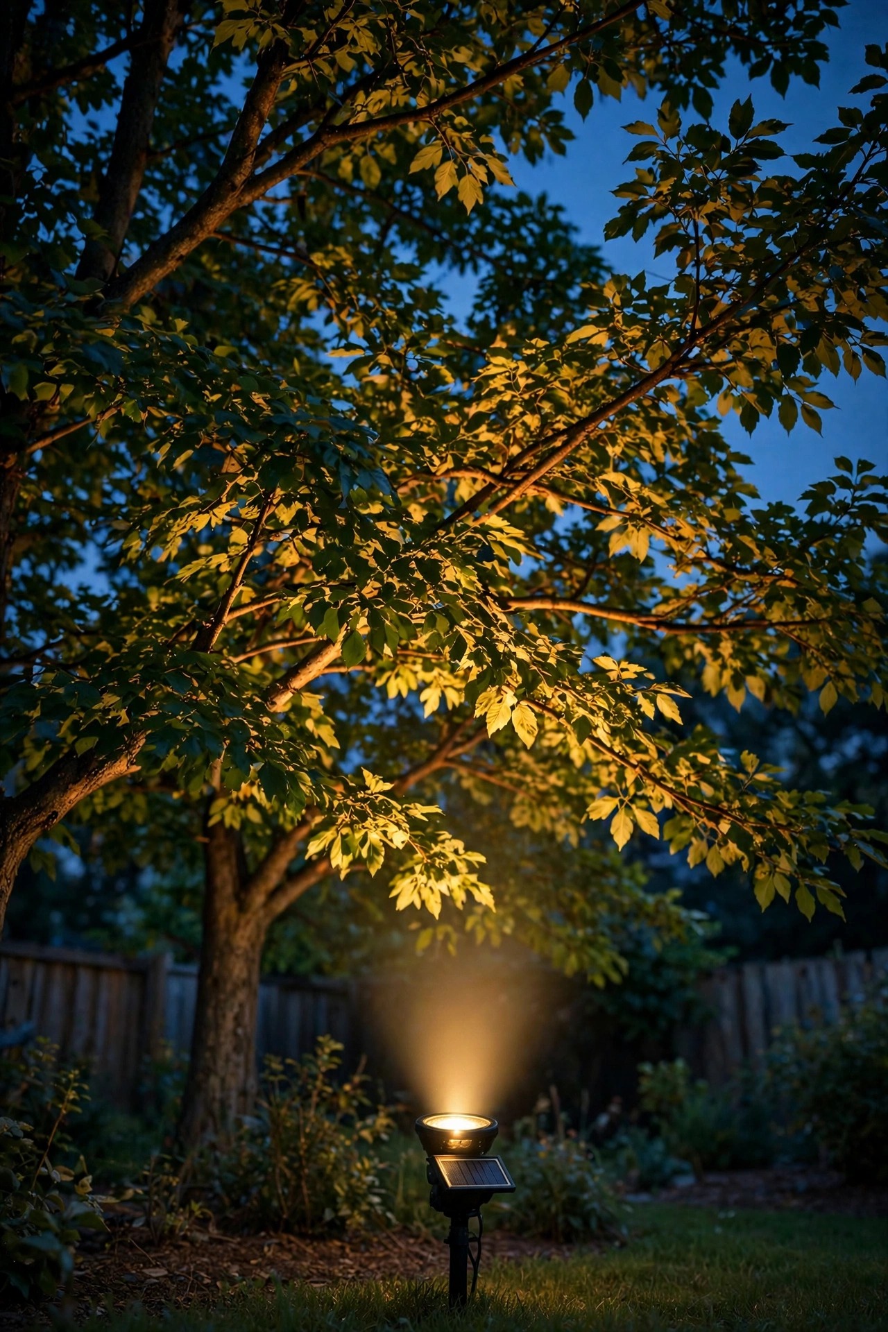 Solar spotlight uplighting a backyard tree canopy with warm golden light against a deep blue evening sky