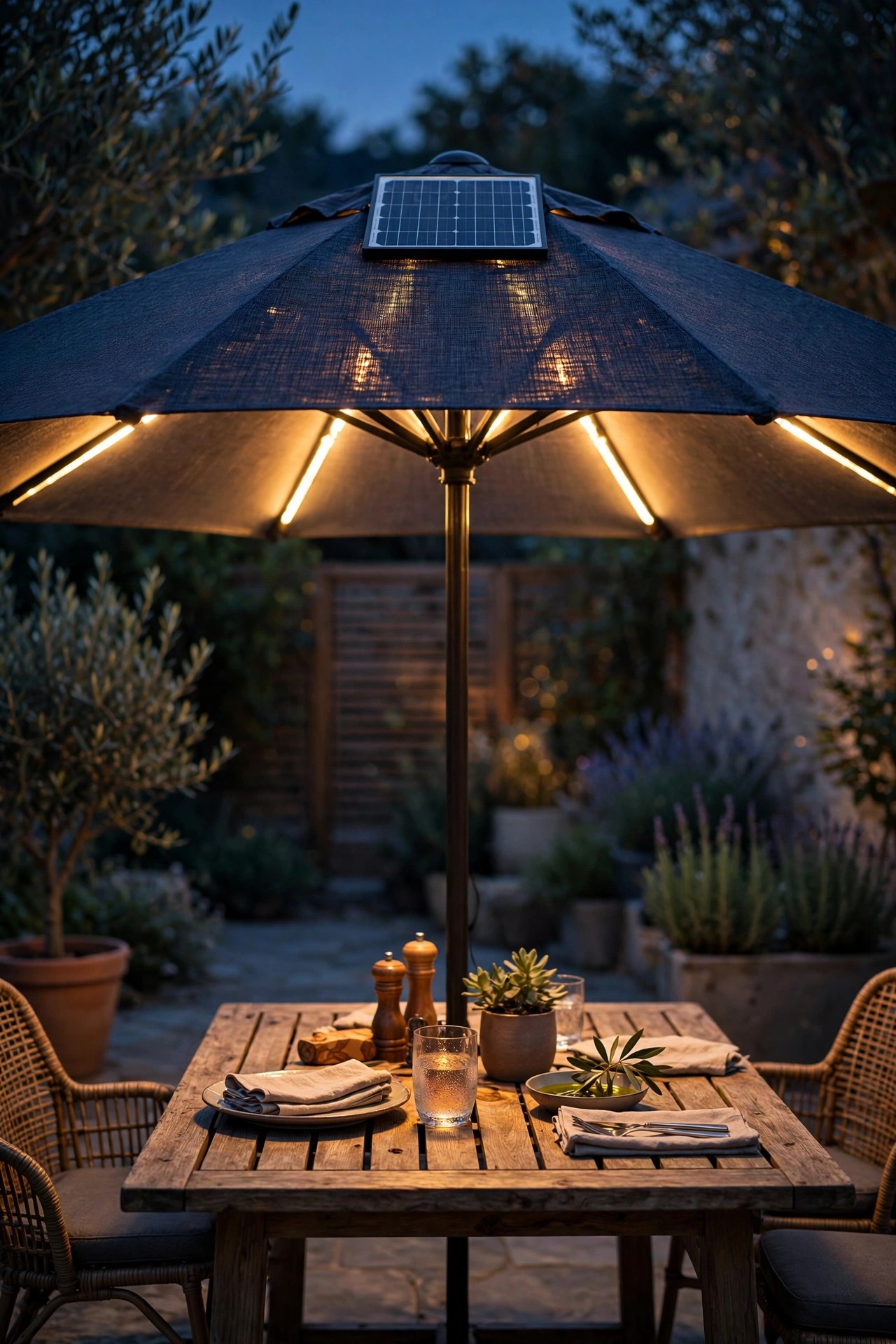 Solar-powered umbrella light with a small panel on the canopy top lighting a patio table after sunset