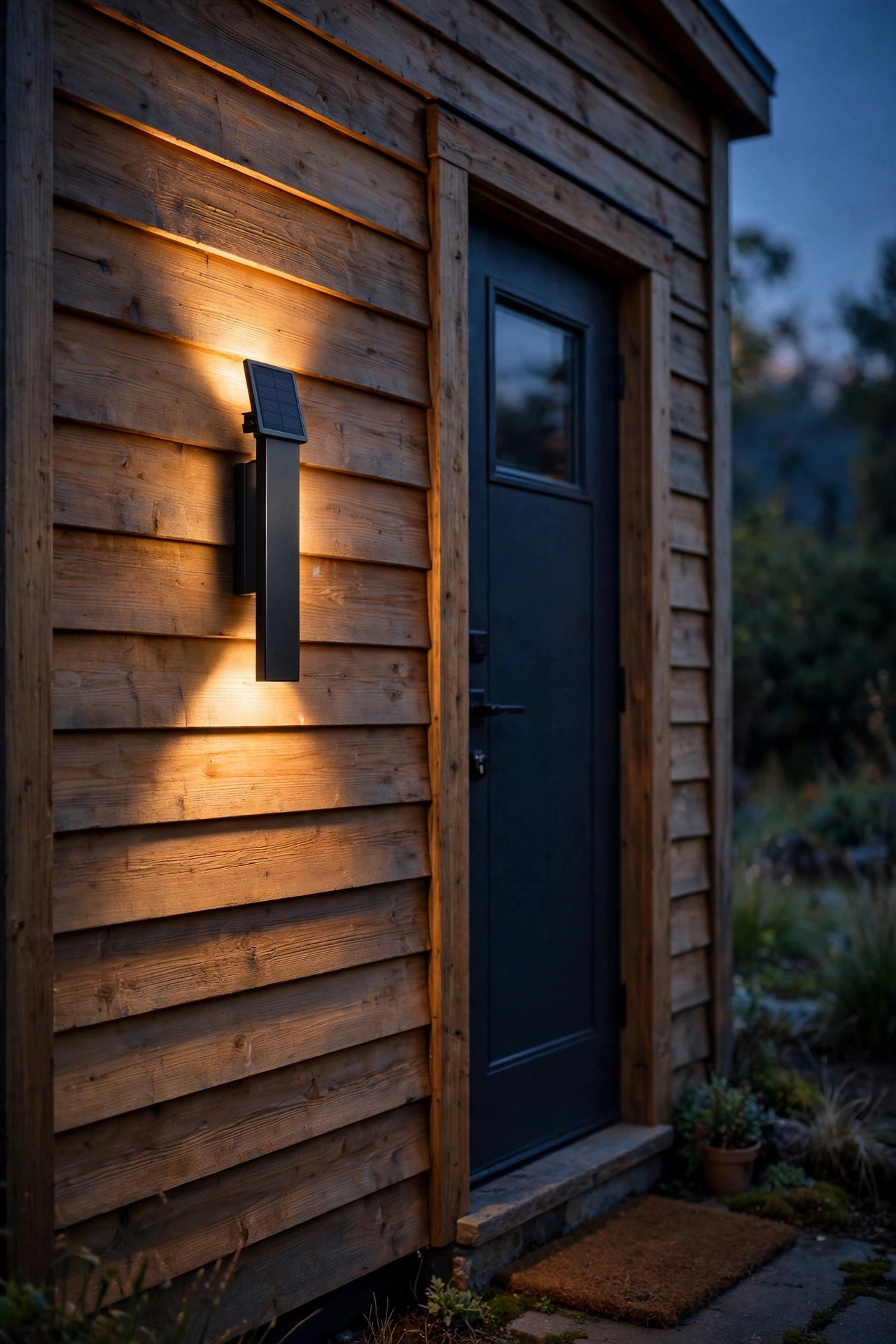 Slim solar wall sconce mounted beside a tiny house front door casting warm up and down light on wood siding at dusk