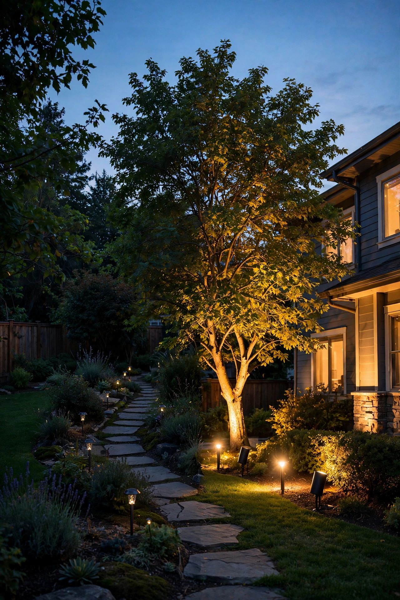 Split view at dusk showing dim solar stake lights on one side and bright wired uplights on the other in the same suburban backyard