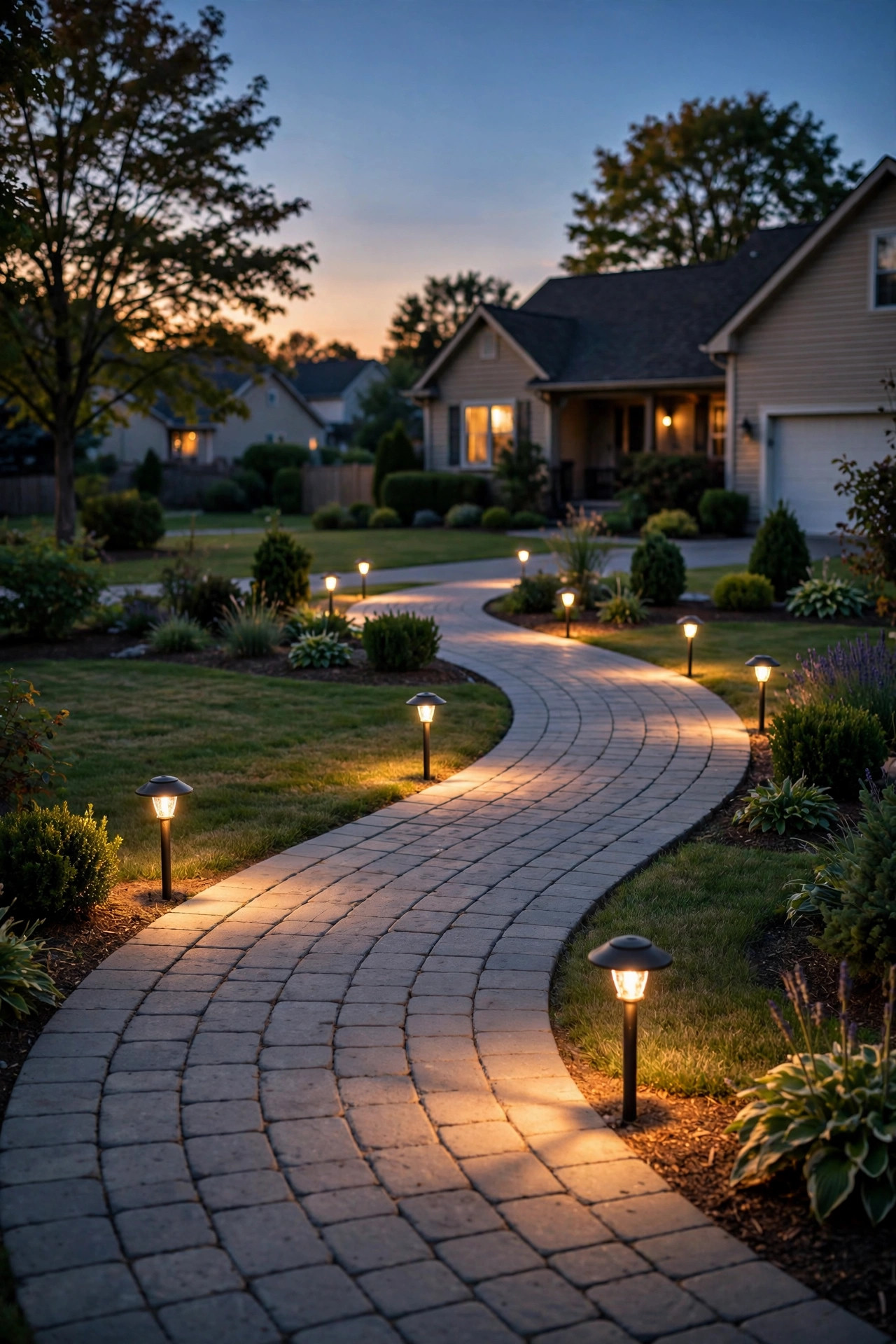 A curved front walkway with evenly spaced path lights every six to eight feet demonstrating proper layered landscape lighting placement