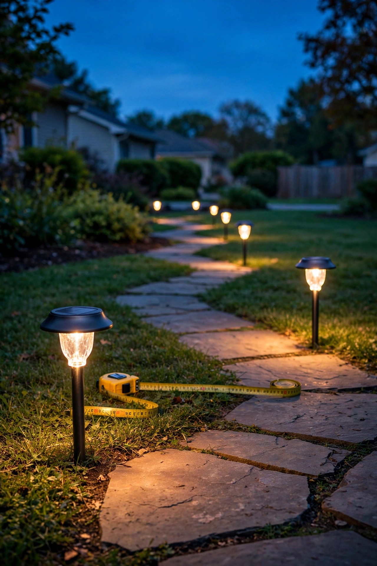 Solar path lights spaced 6 to 8 feet apart with a measuring tape showing stagger pattern beside a walkway