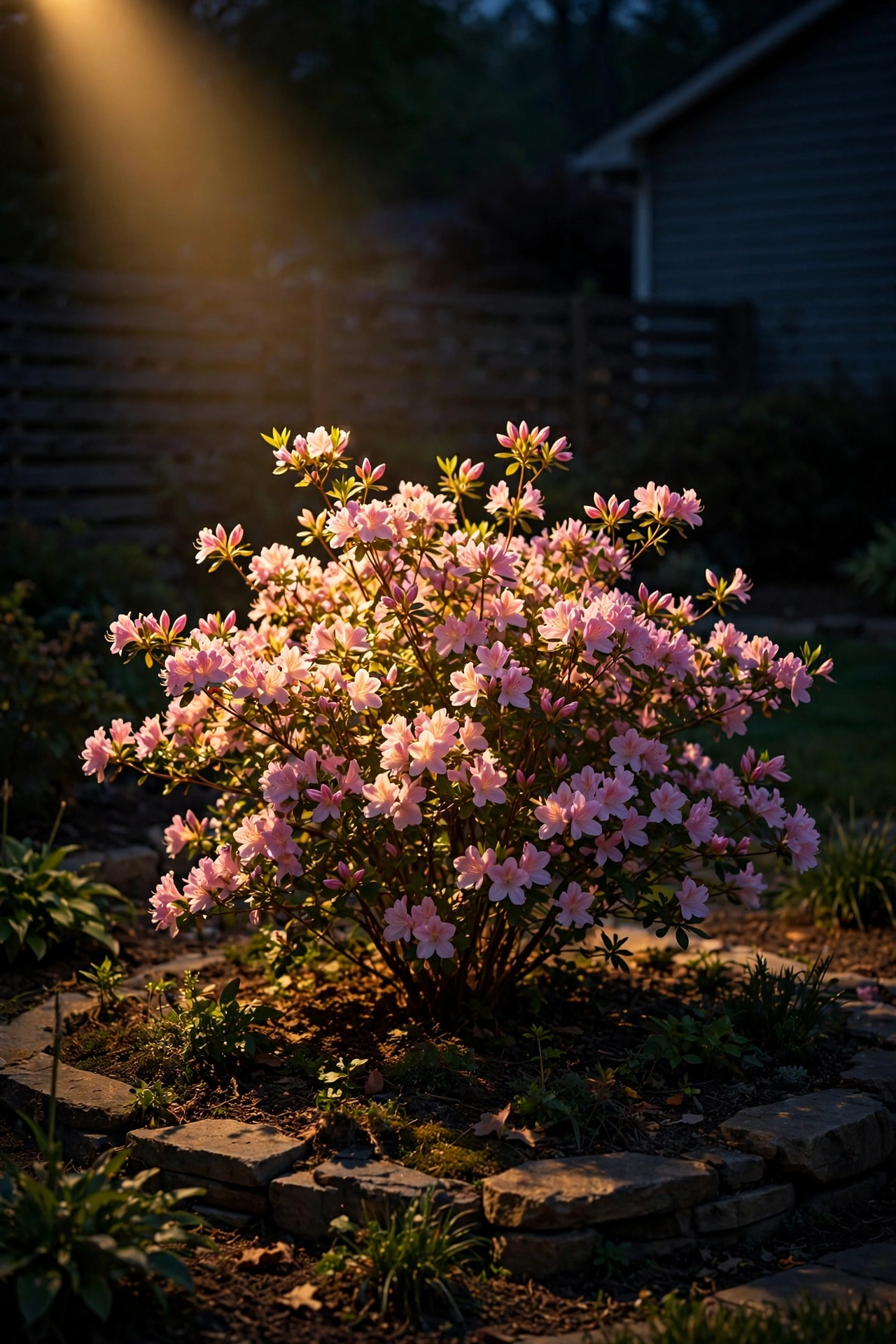 Flowering shrub lit by a single warm spotlight in a nighttime garden bed