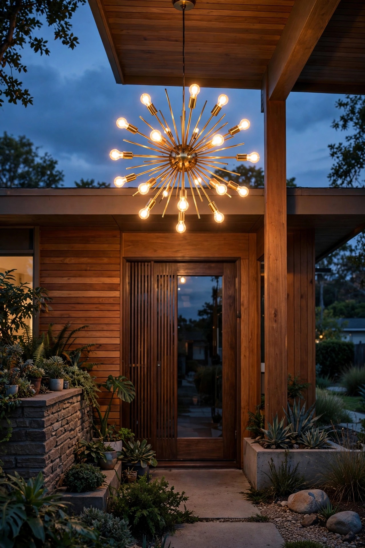 Sputnik style starburst pendant fixture glowing warm over the entry of a mid-century modern home at dusk