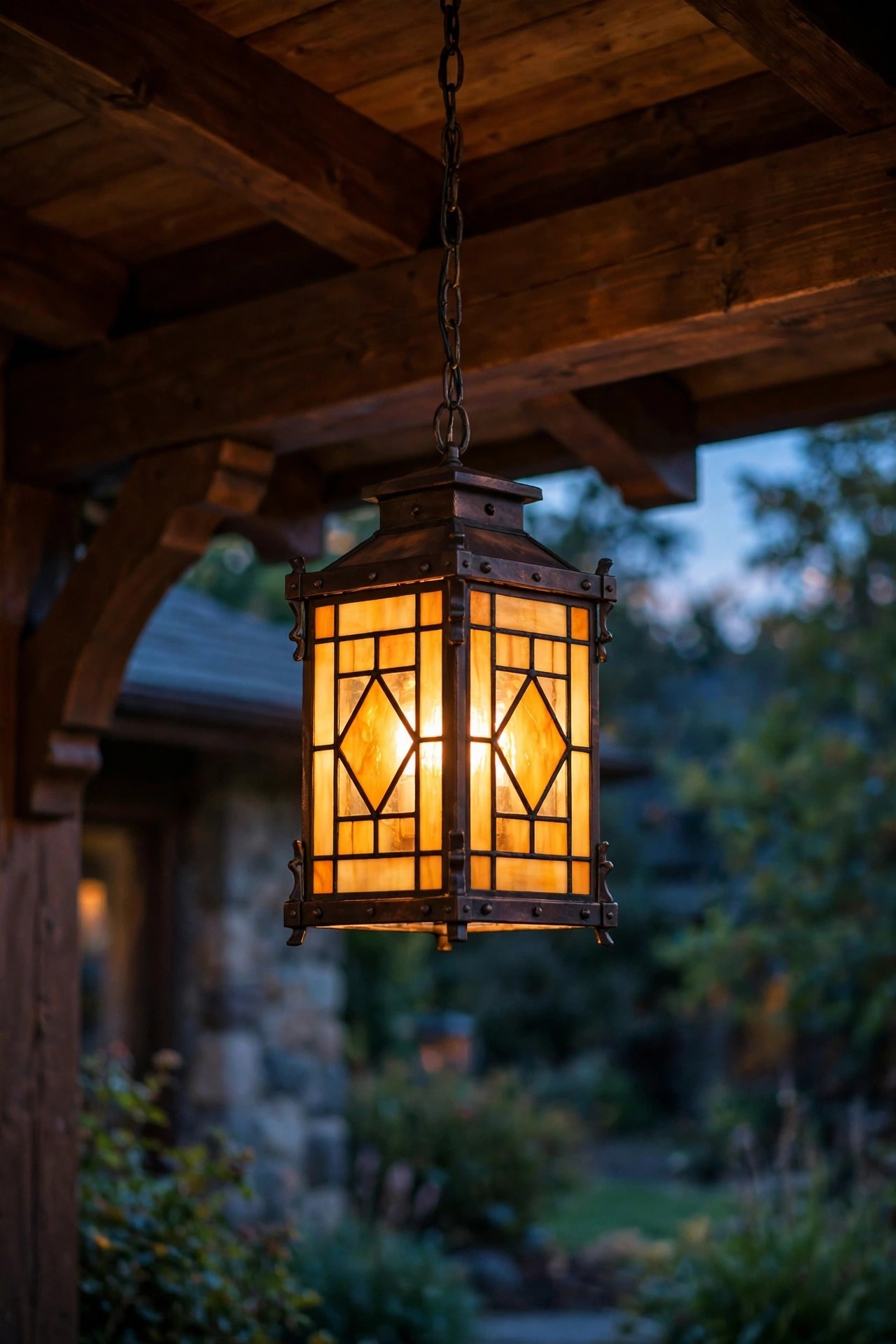 Stained-glass style pendant lantern with amber panels hanging from a craftsman porch ceiling at twilight