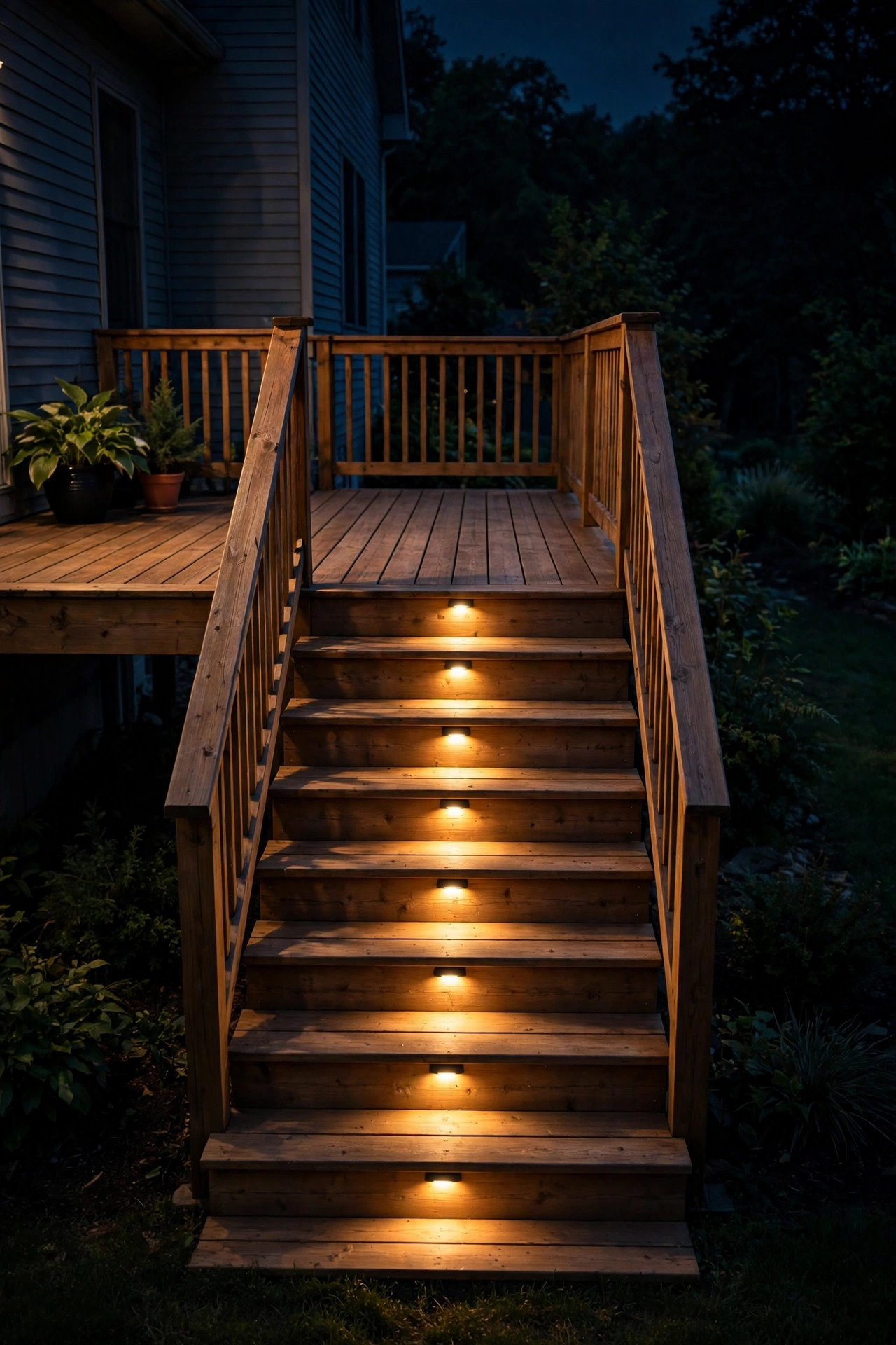 Wooden deck stairs at night with warm step lights glowing on each riser