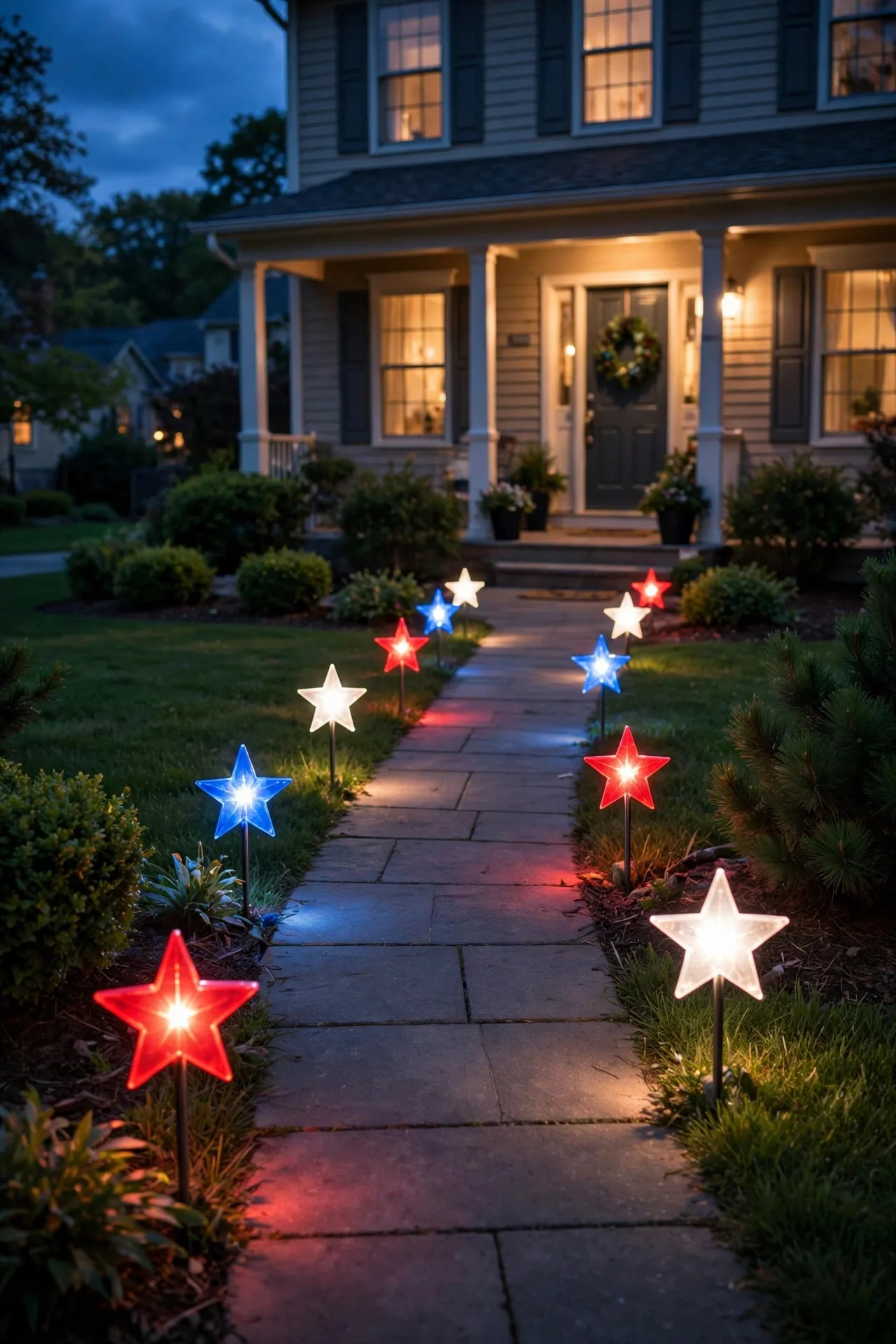 Red, white, and blue star-shaped solar stake lights lining a front walkway for Fourth of July