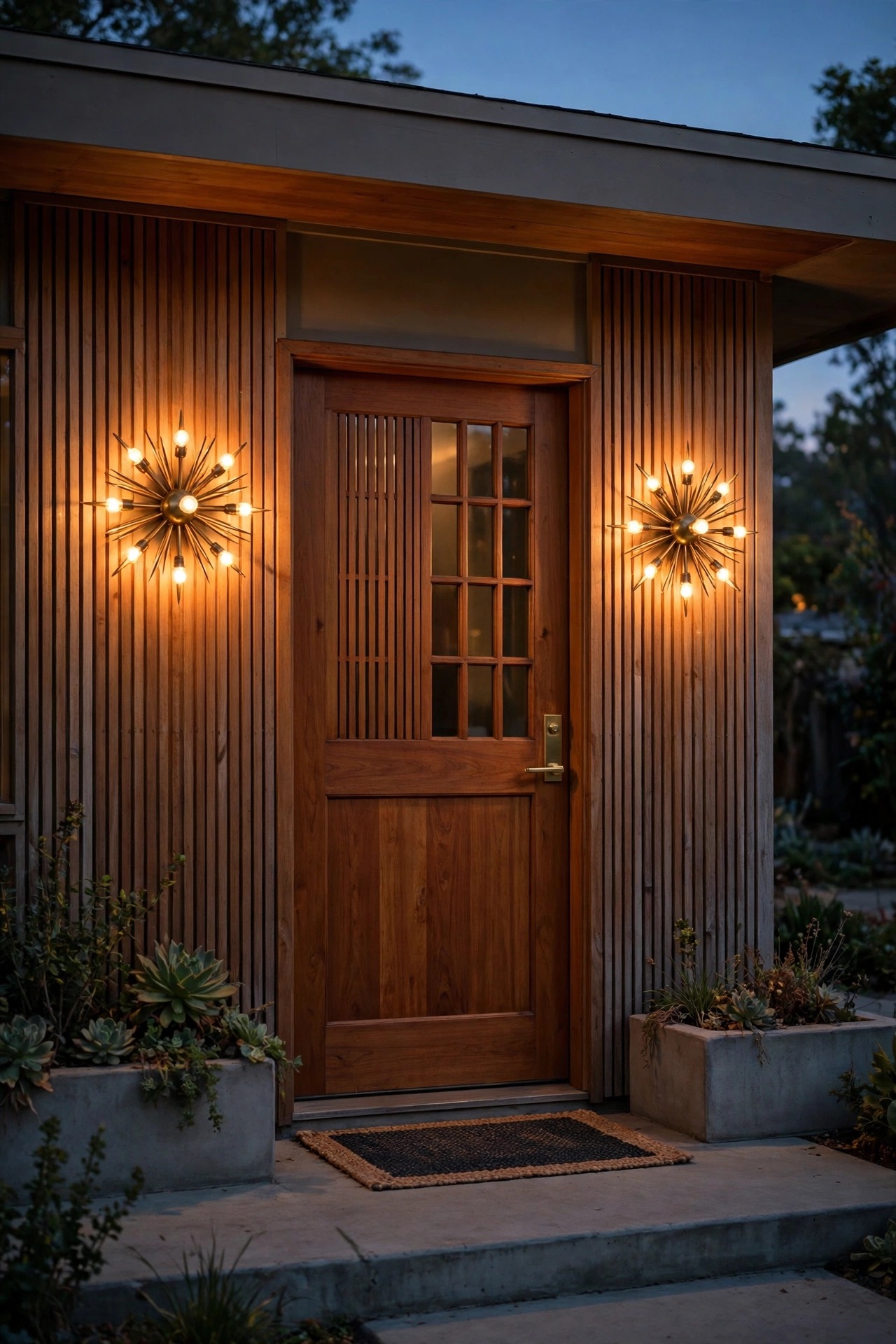 Pair of brass starburst wall sconces flanking a teak front door on a mid-century modern porch, glowing warm at dusk