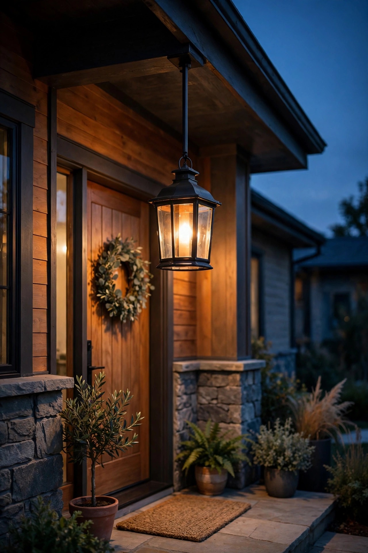 A classic lantern pendant hanging from a straight modern stem over a welcoming front porch at dusk