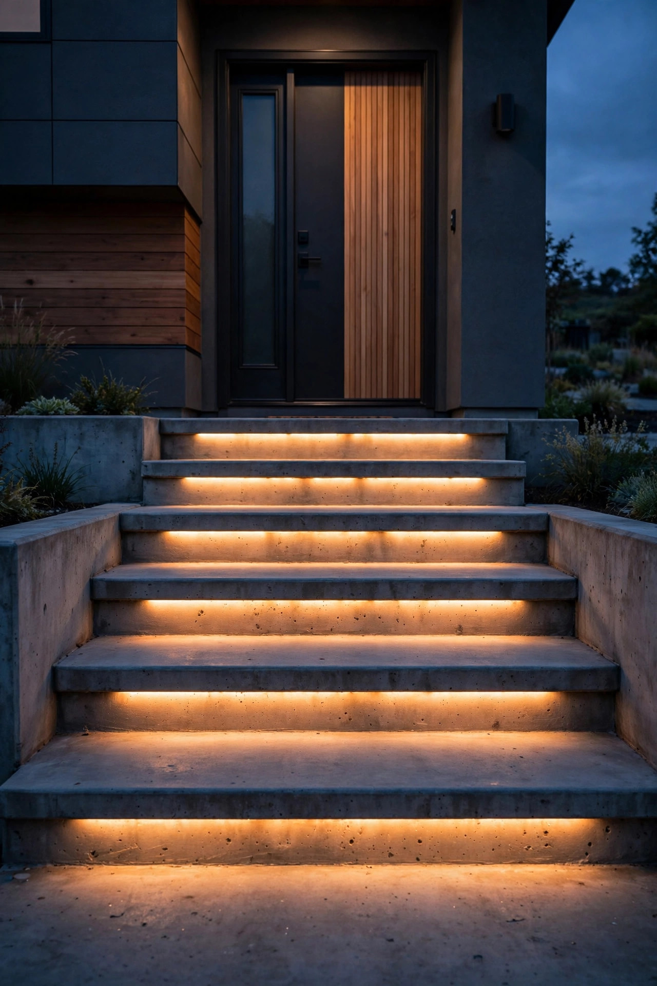 Recessed LED lights glowing in the risers of concrete entry steps leading up to a split-level front door