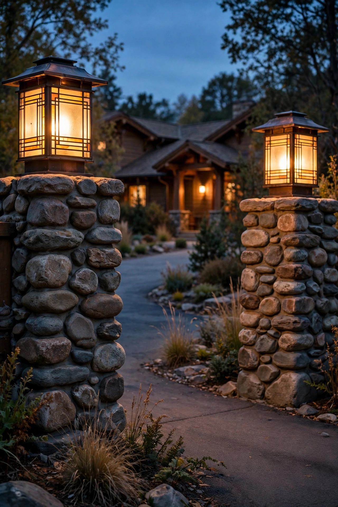 River rock entrance pillars topped with glowing prairie-style lanterns framing a craftsman driveway entrance at dusk