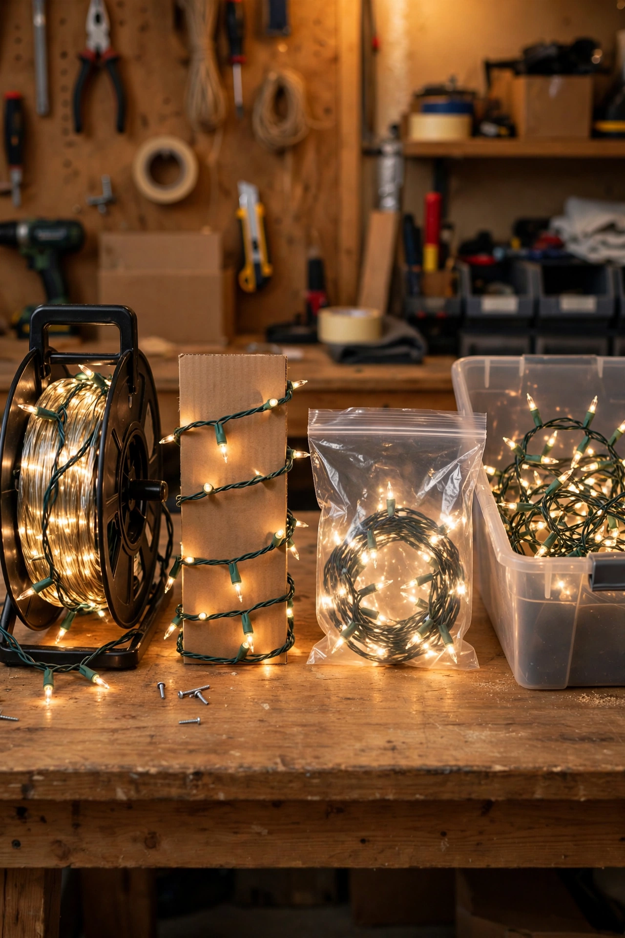 Neatly wound Christmas light strands on cord reels stored inside a labeled plastic bin for tangle-free storage