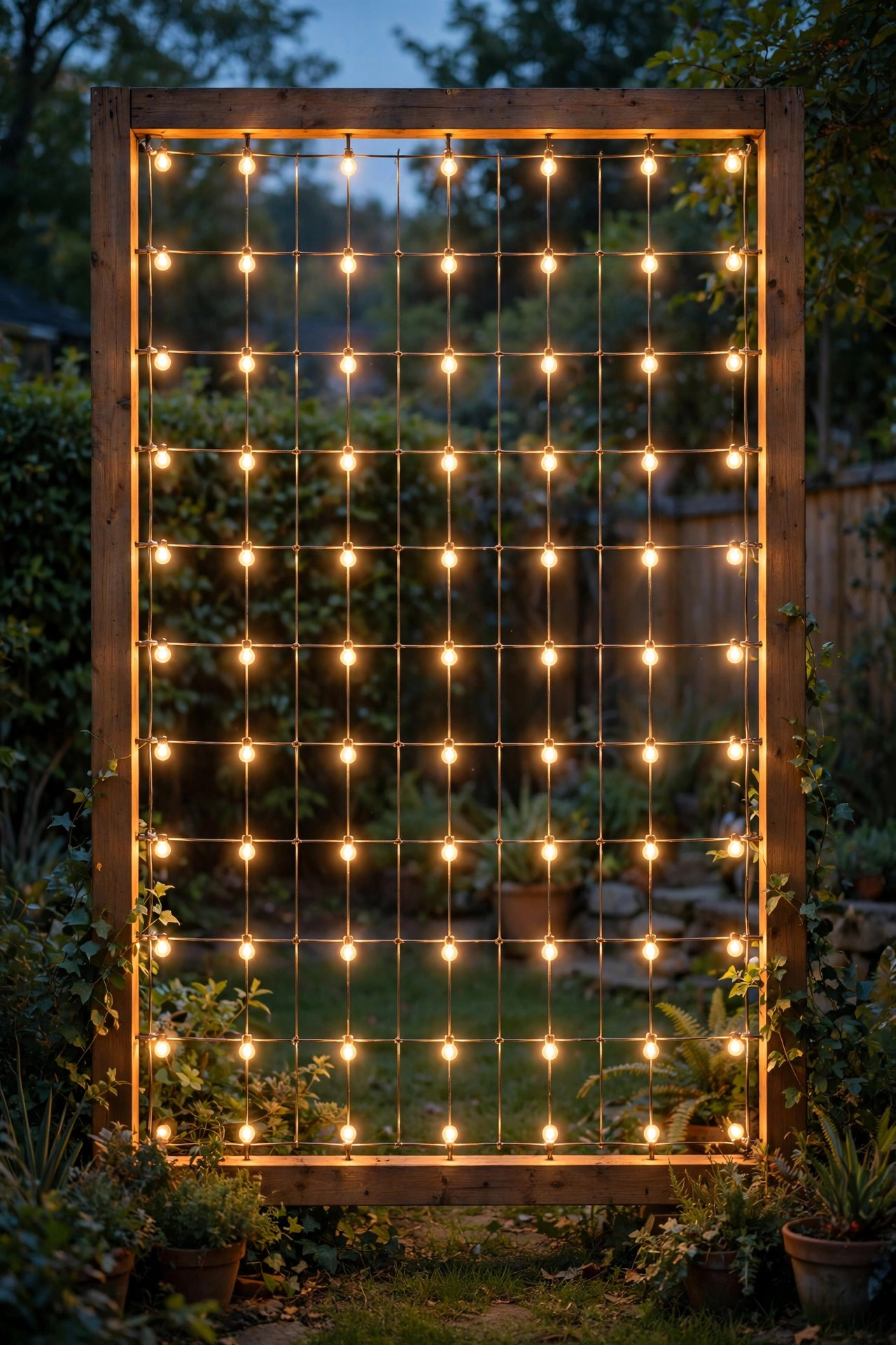 String lights arranged in a neat glowing grid on a frame as an outdoor photo backdrop at dusk