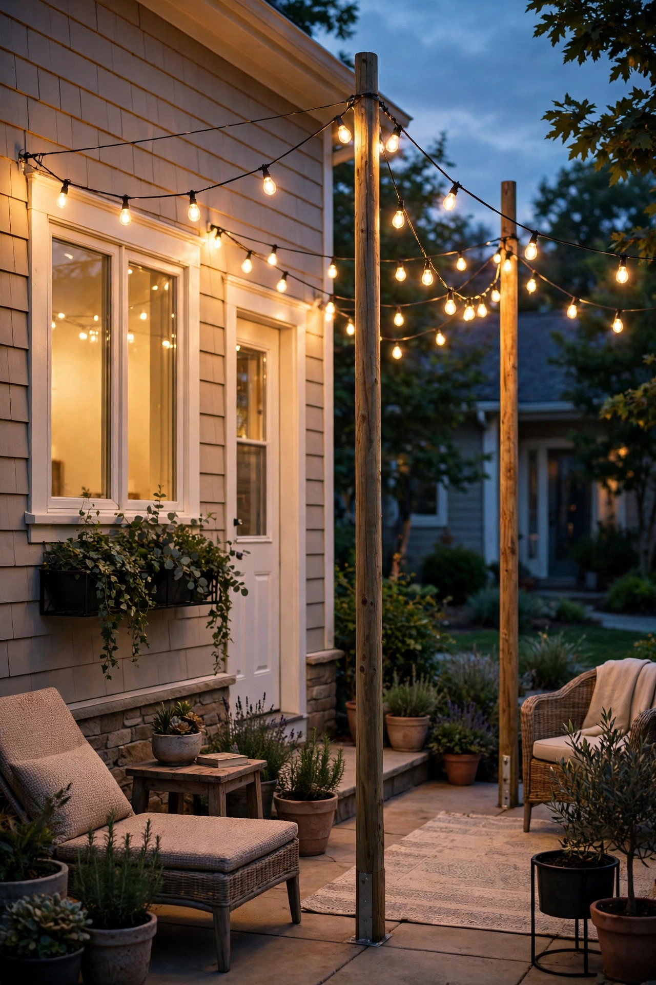 Tall string light poles in planted bases at the corners of a small patio holding swags of warm string lights over the seating area