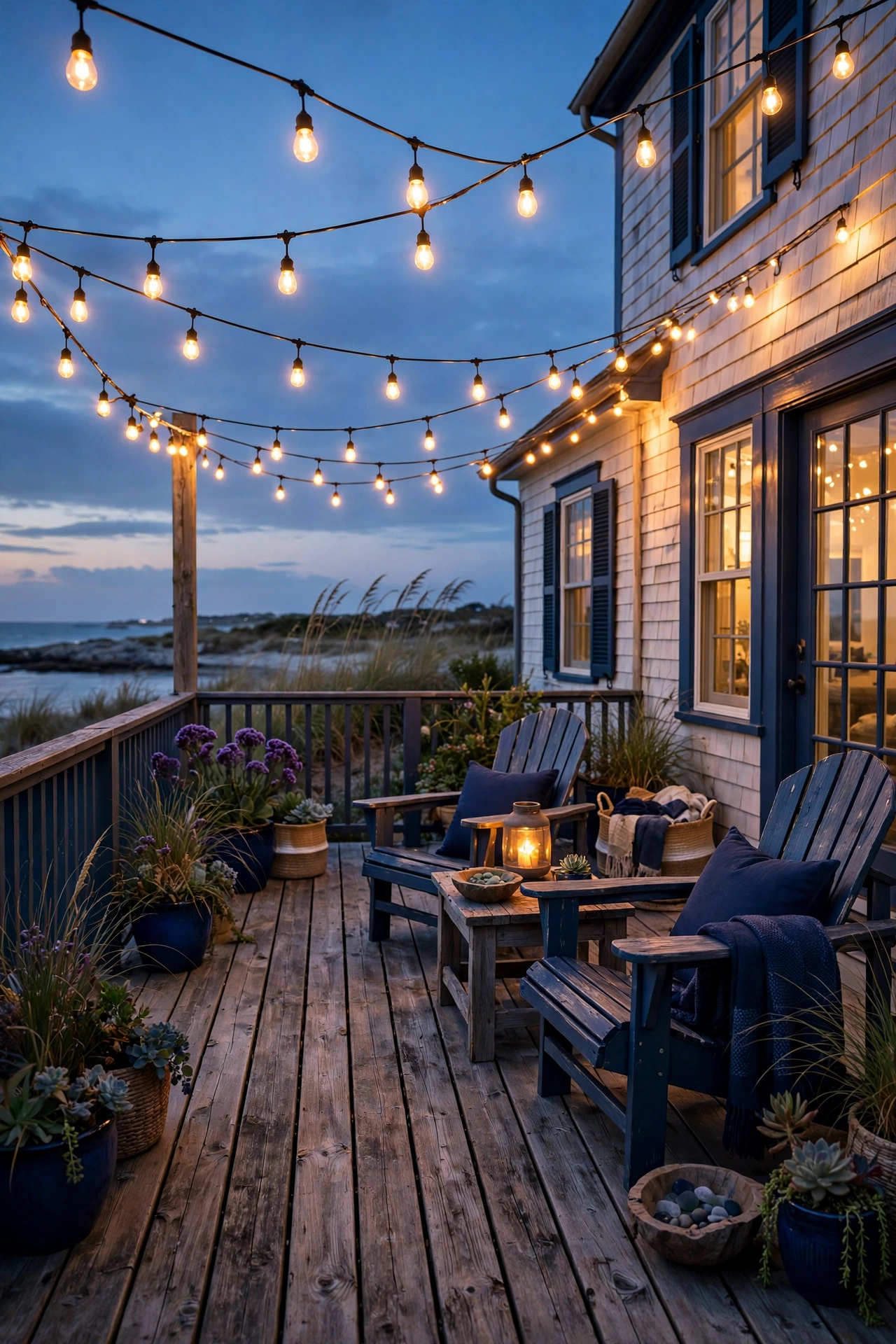 Warm string lights draped in a zigzag canopy over a coastal wooden deck at dusk