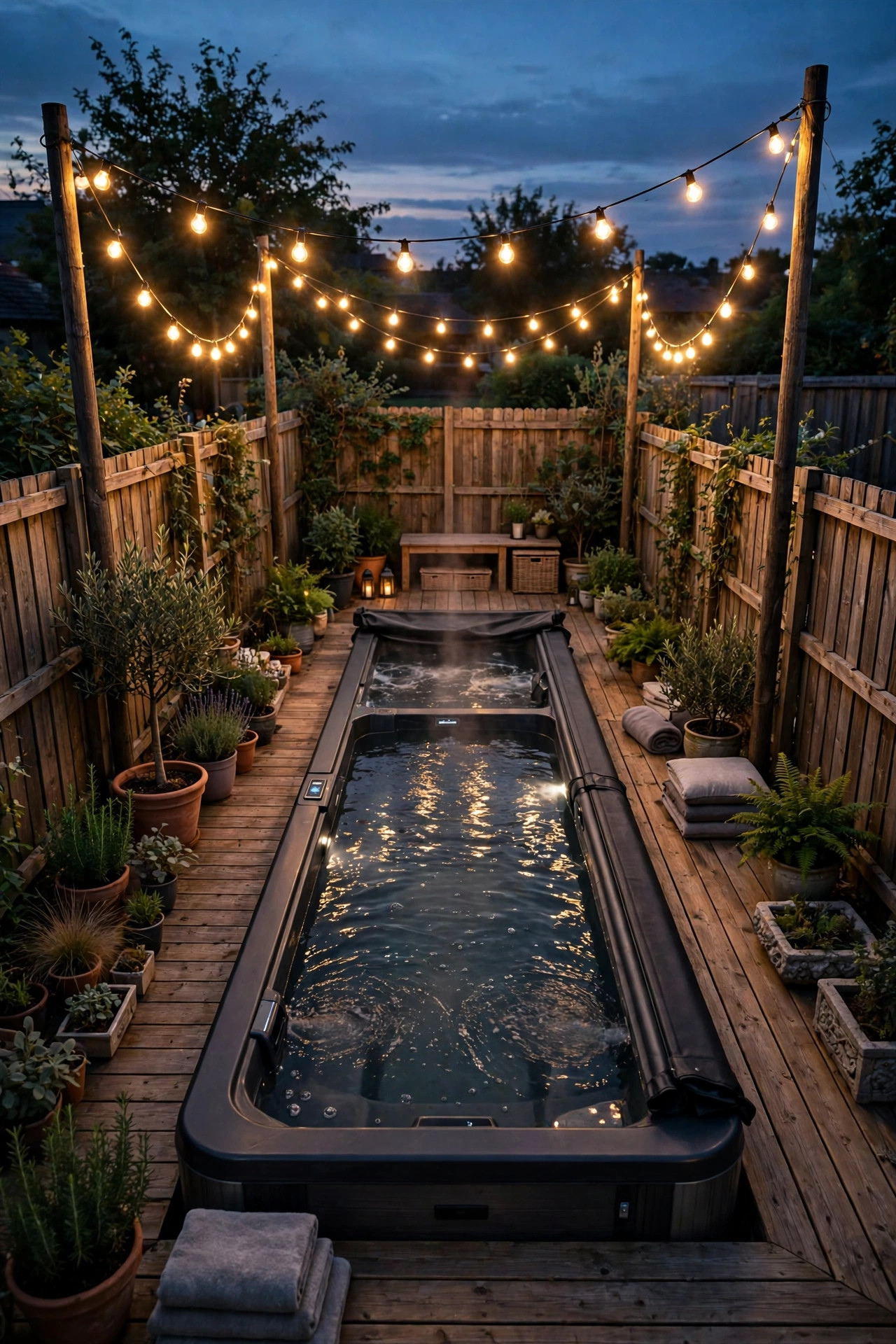 Cafe string lights swagged on poles over a swim spa in a small fenced backyard at dusk