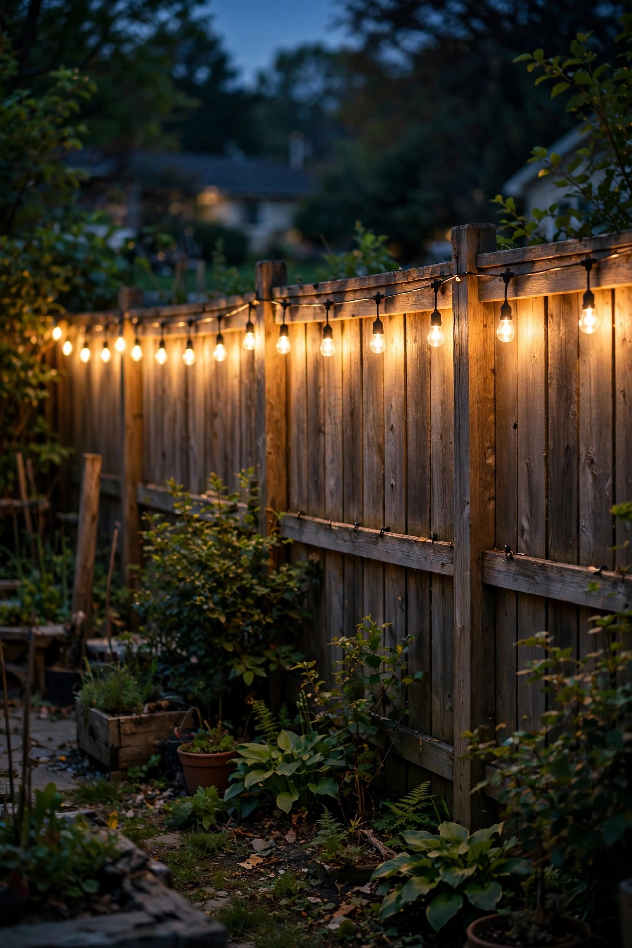 Warm string lights clipped along the top rail of a wooden fence at night