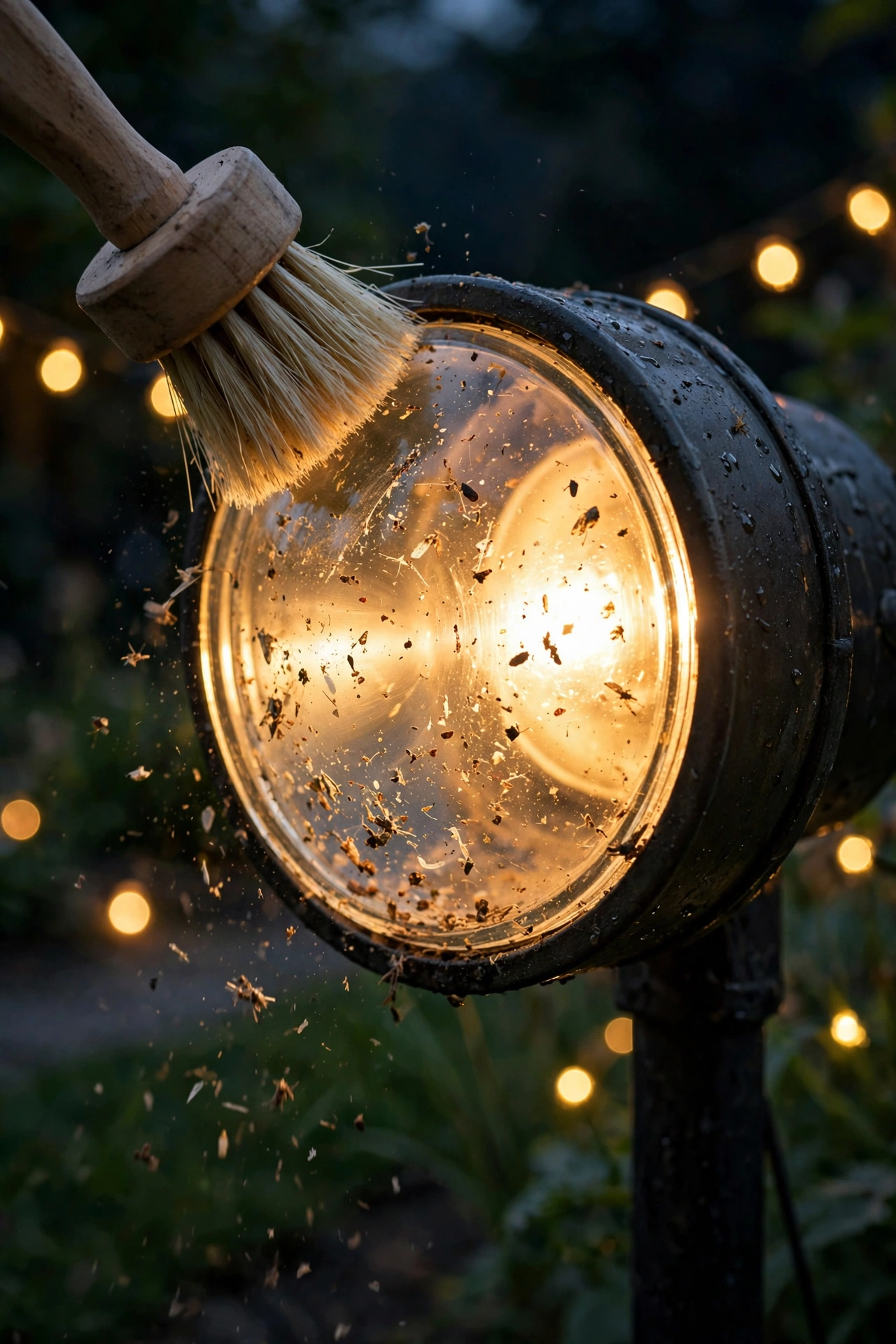 Woman brushing insect debris from a warm landscape light fixture on a summer evening with string lights in background