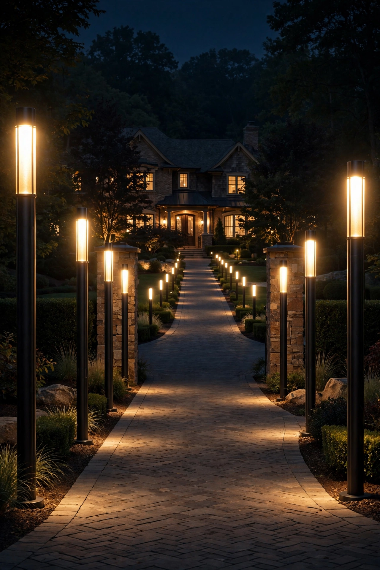 Tall driveway bollard lights flanking the entrance of a long residential driveway at night
