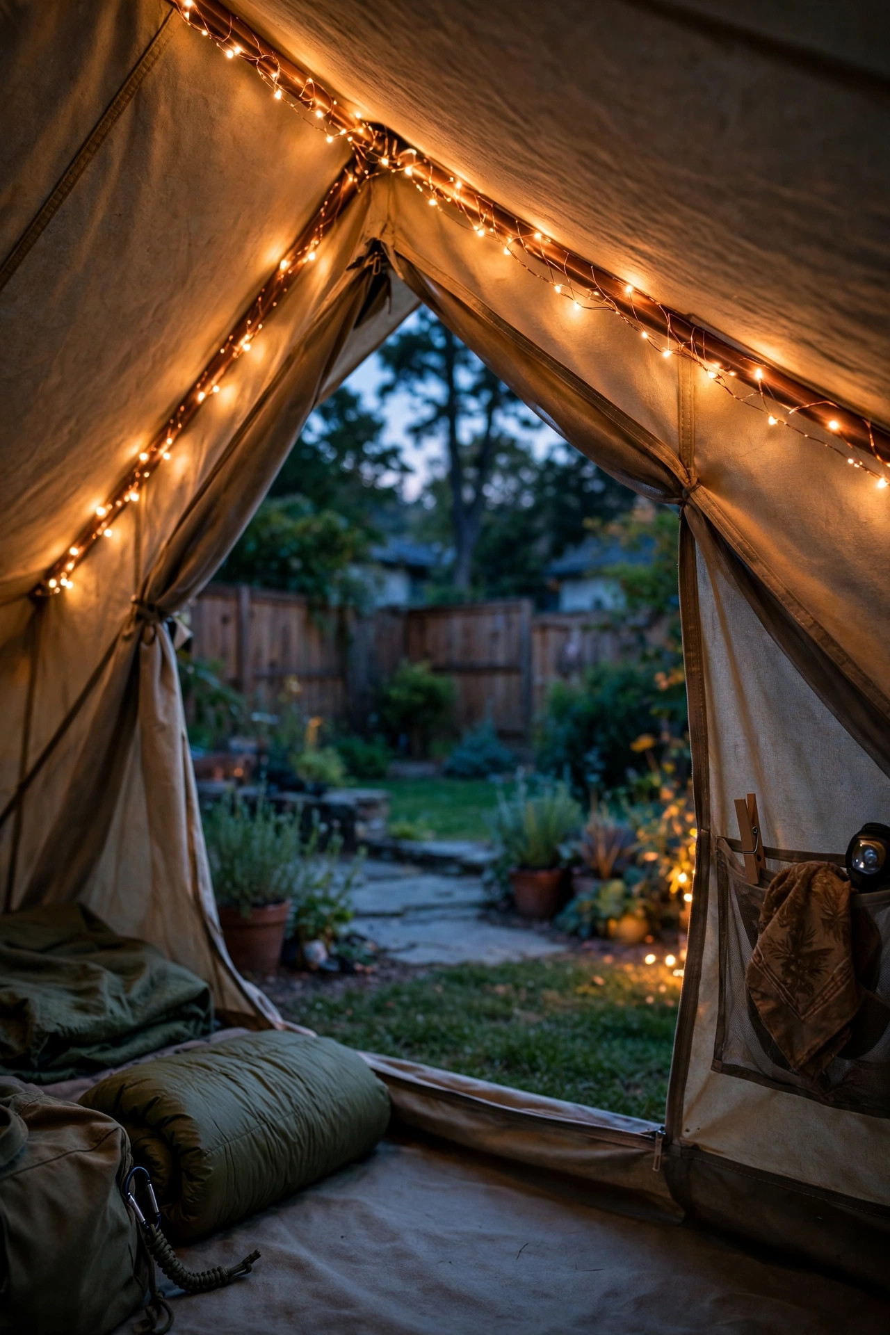 Inside of a backyard tent glowing with copper-wire fairy lights along the ridge pole