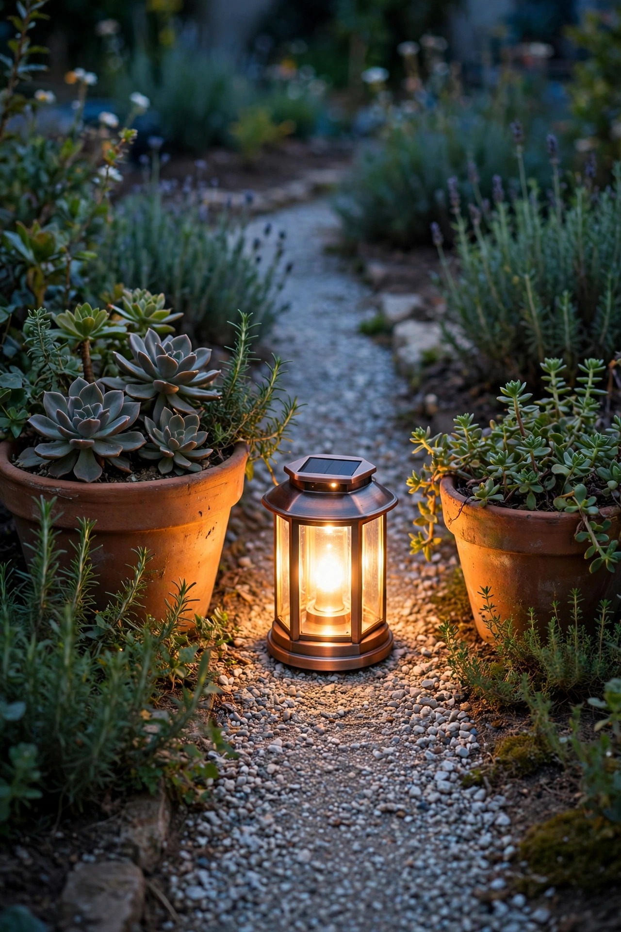 Terracotta pots with a warm solar lantern glowing between them beside a gravel garden path