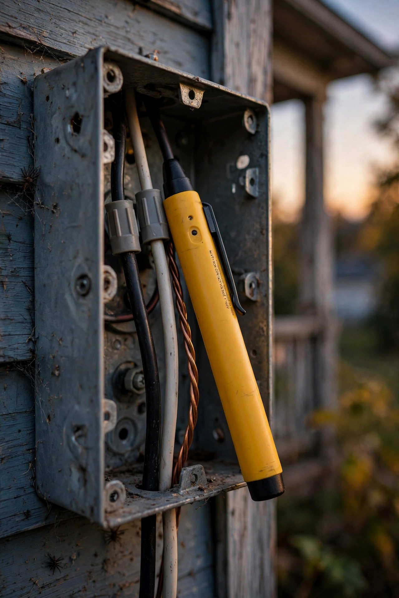 Non-contact voltage tester pen held against porch light wires to confirm the power is off before replacing the fixture