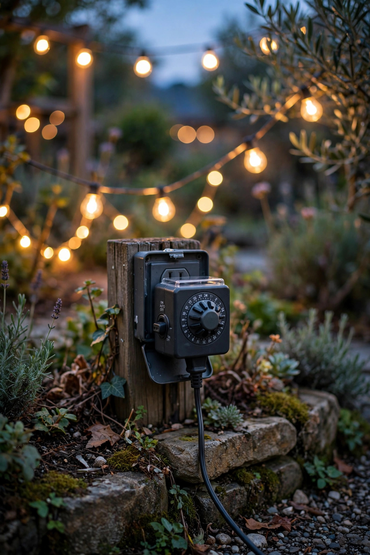 Outdoor timer plugged into a garden outlet at dusk with warm string lights glowing softly behind it
