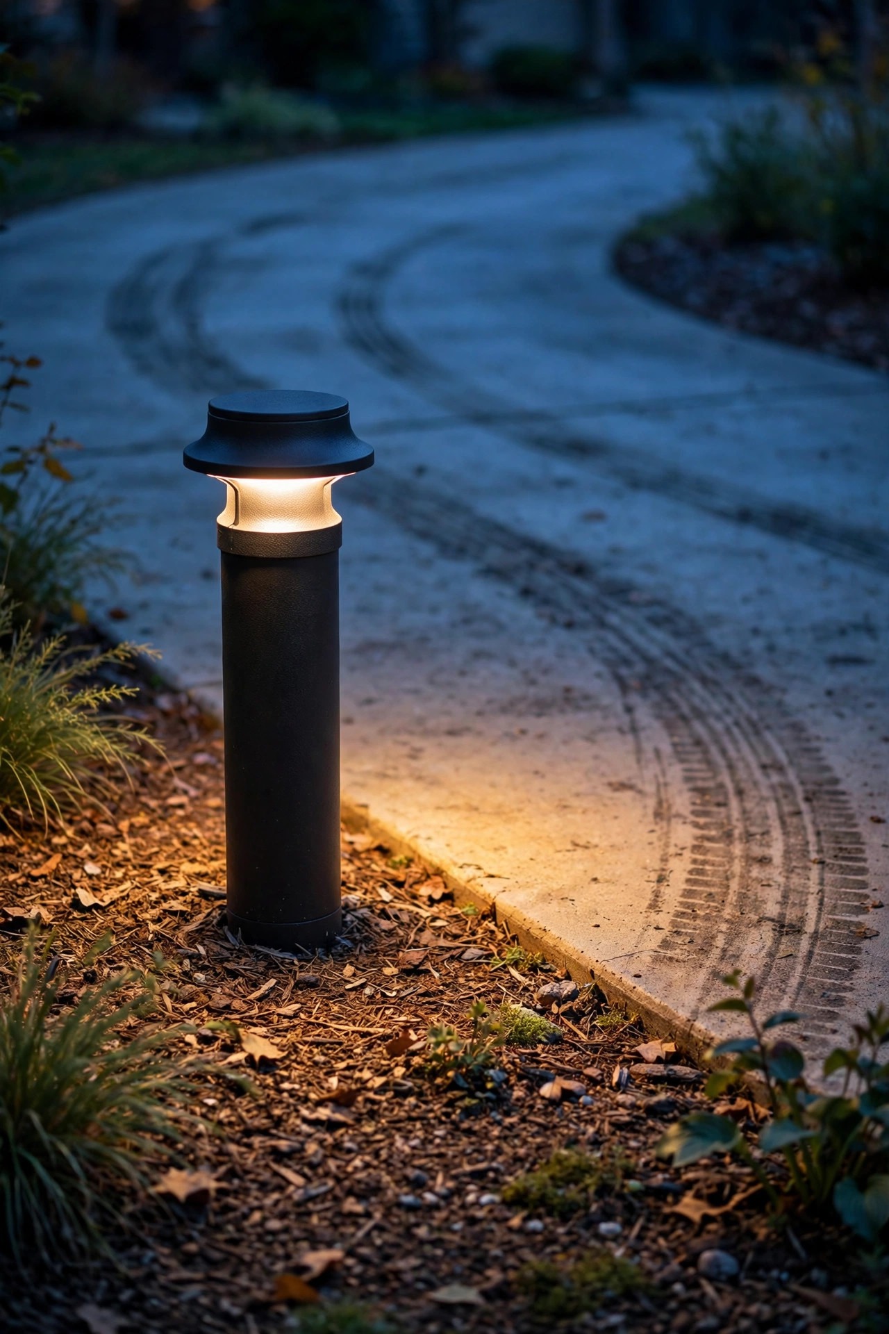 Close view of a sturdy low bollard light set safely back from a driveway edge in a mulched bed at dusk, warm light pooling on the concrete, tire tracks curving past on the pavement