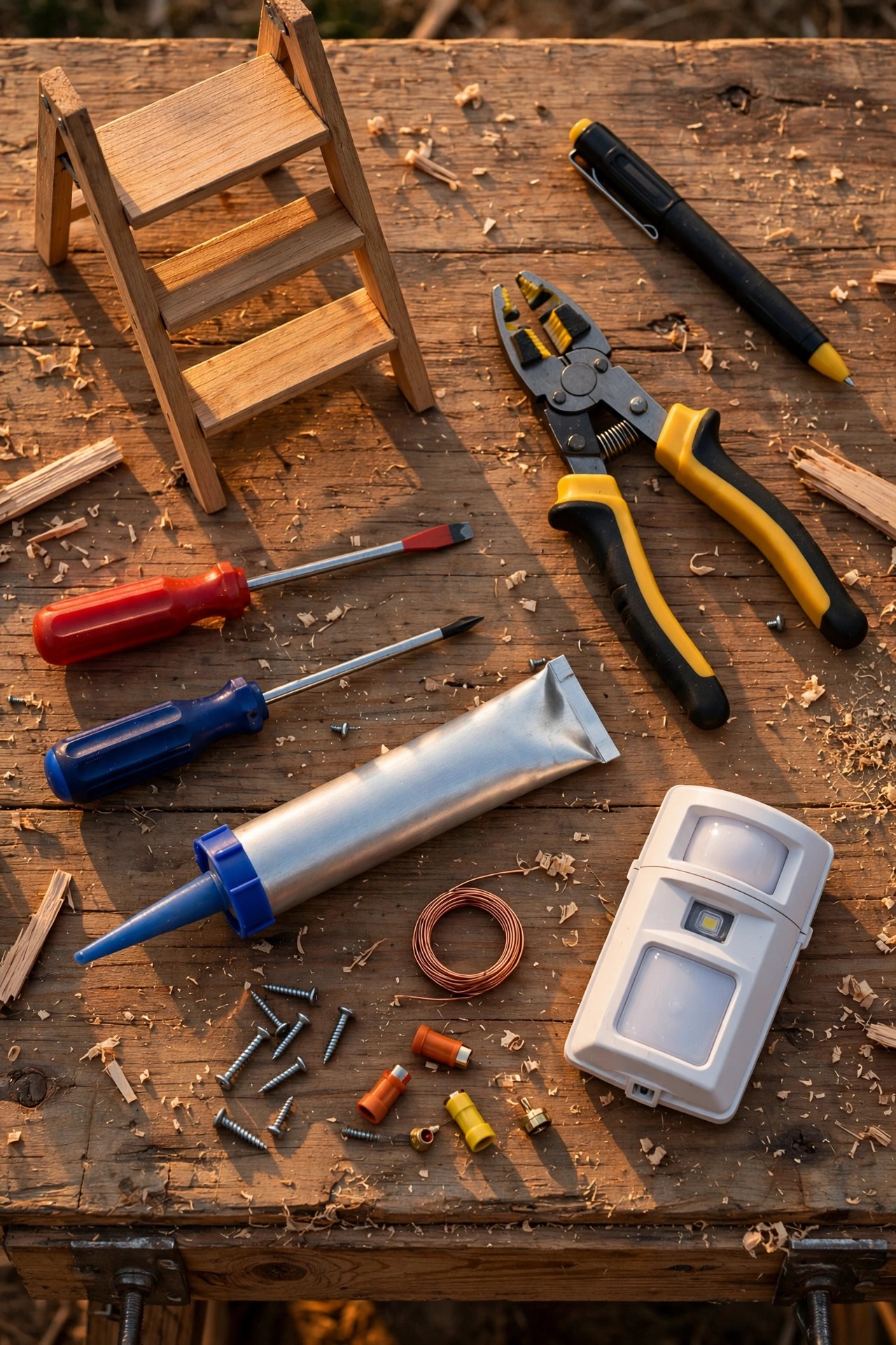 Flat lay of tools for installing a motion sensor light: voltage tester, wire strippers, screwdrivers, ladder and silicone sealant