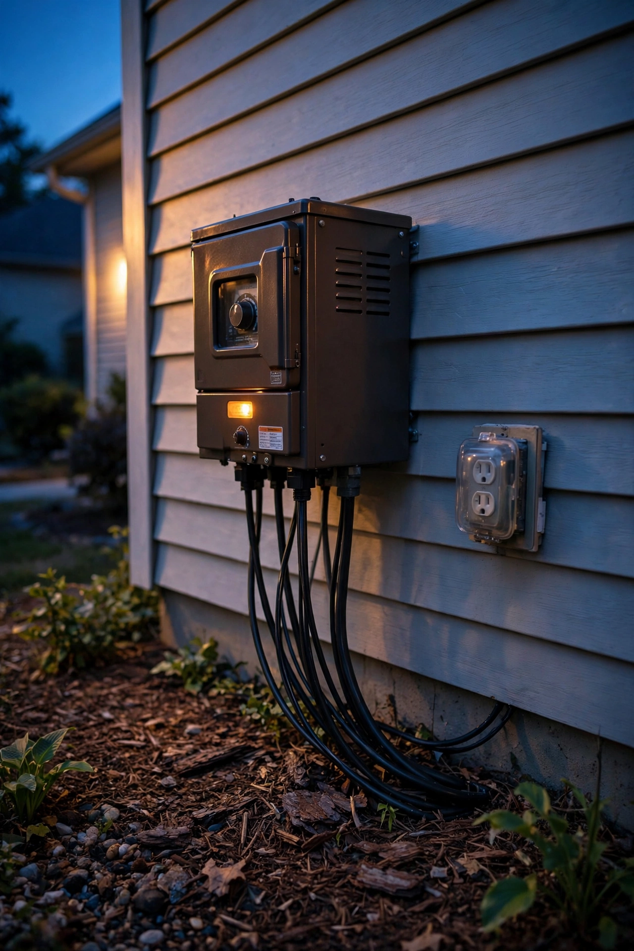 Low-voltage lighting transformer box mounted on a house wall next to an outdoor outlet, glowing softly at dusk
